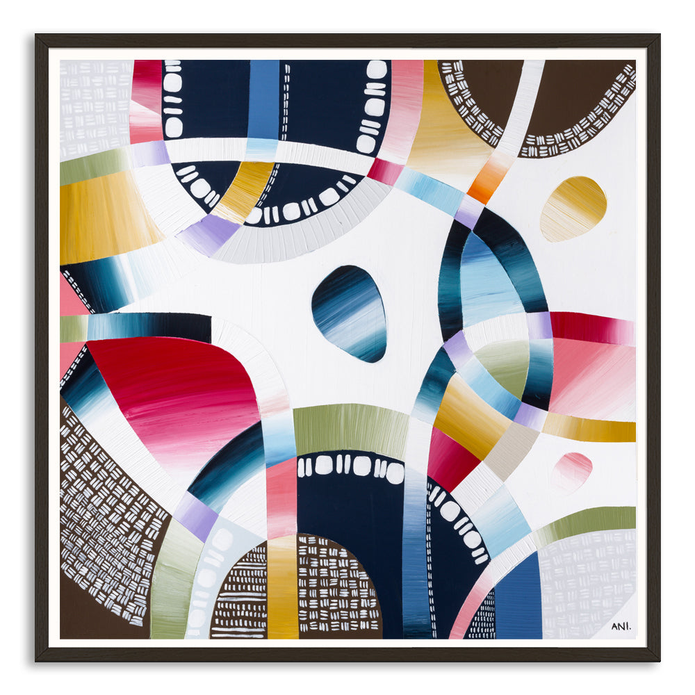 Yarra Walk print by Ani Ipradjian – textured abstract aerial landscape featuring the Yarra River with natural greens, blues, and golds inspired by Melbourne’s native bushland.