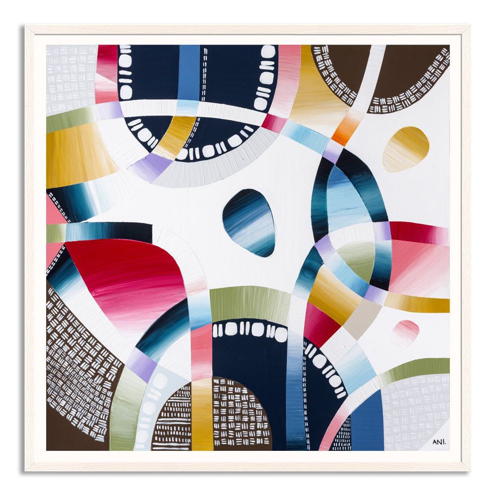 Yarra Walk print by Ani Ipradjian – textured abstract aerial landscape featuring the Yarra River with natural greens, blues, and golds inspired by Melbourne’s native bushland.