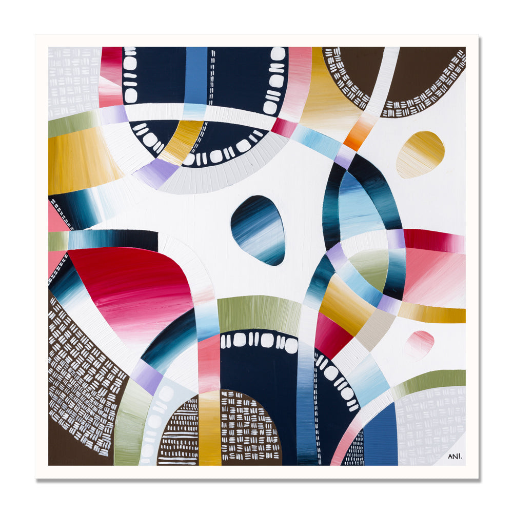 Yarra Walk print by Ani Ipradjian – textured abstract aerial landscape featuring the Yarra River with natural greens, blues, and golds inspired by Melbourne’s native bushland.