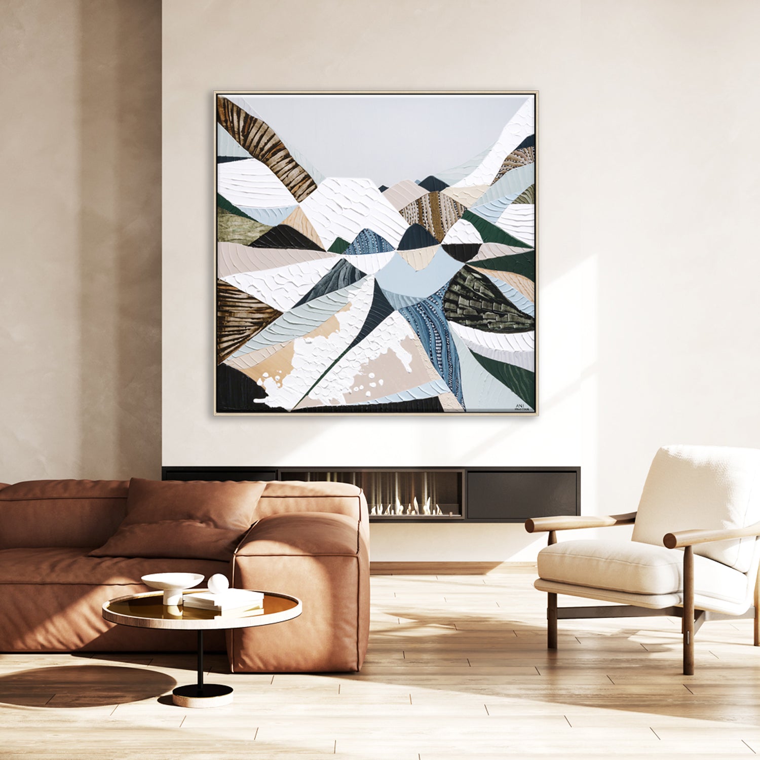 Great Dividing Plateau 14 Australian abstract mountain landscape painting and art print by Melbourne-based, Australian-based artist Ani Ipradjian, inspired by the Great Dividing Range, featuring earthy browns, sage greens, rich textures and native Australian bushland.