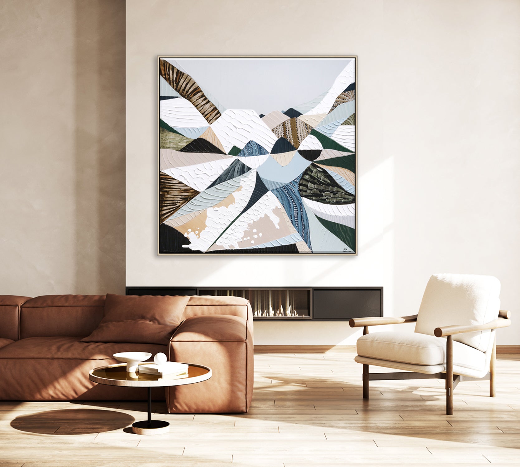 Great Dividing Plateau 14 Australian abstract mountain landscape painting and art print by Melbourne-based, Australian-based artist Ani Ipradjian, inspired by the Great Dividing Range, featuring earthy browns, sage greens, rich textures and native Australian bushland.