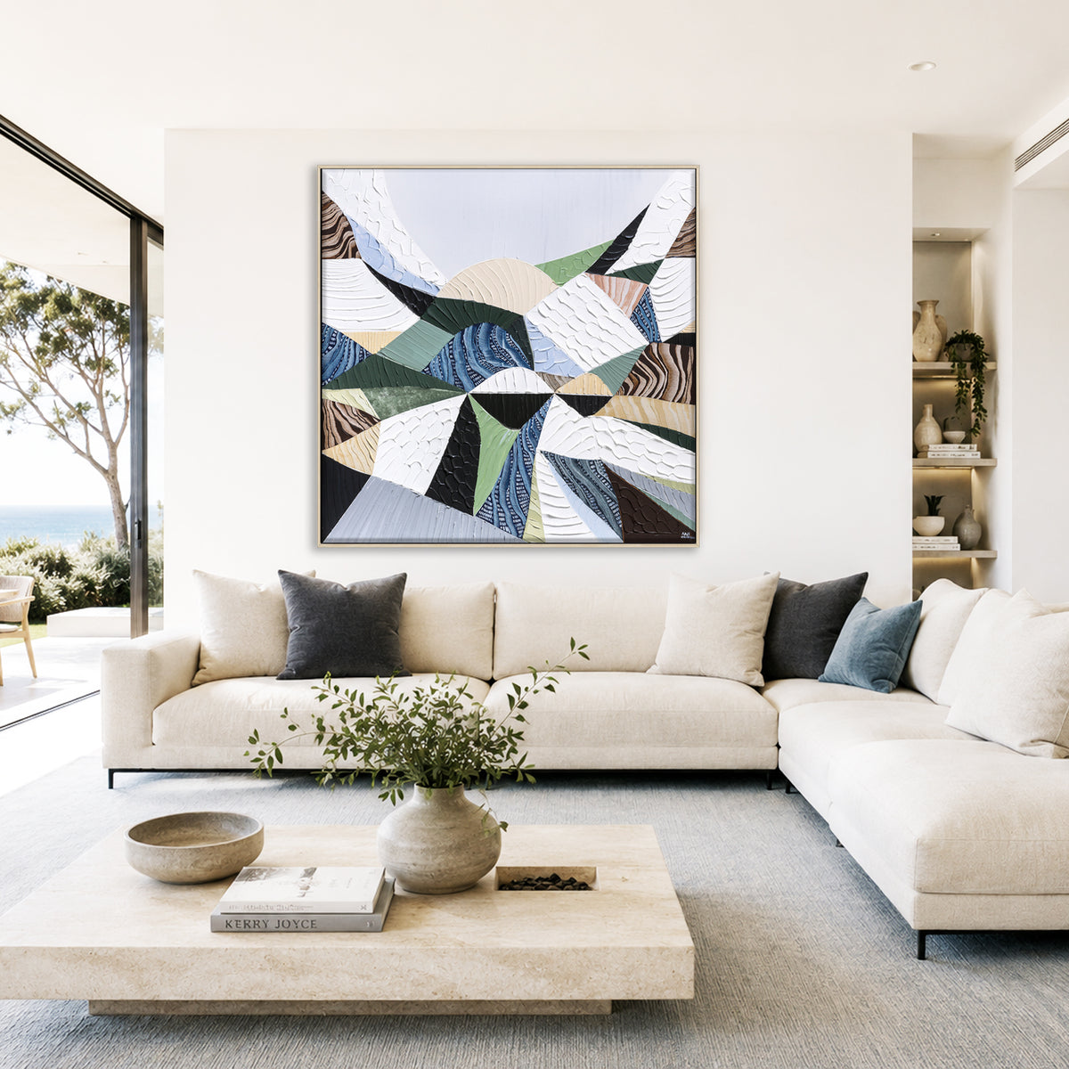 Great Dividing Plateau 11 original abstract Australian landscape painting by Melbourne-based Australian artist Ani Ipradjian, inspired by the Great Dividing Range with textured earthy browns, sage greens and native bushland tones, framed in Tasmanian Oak.