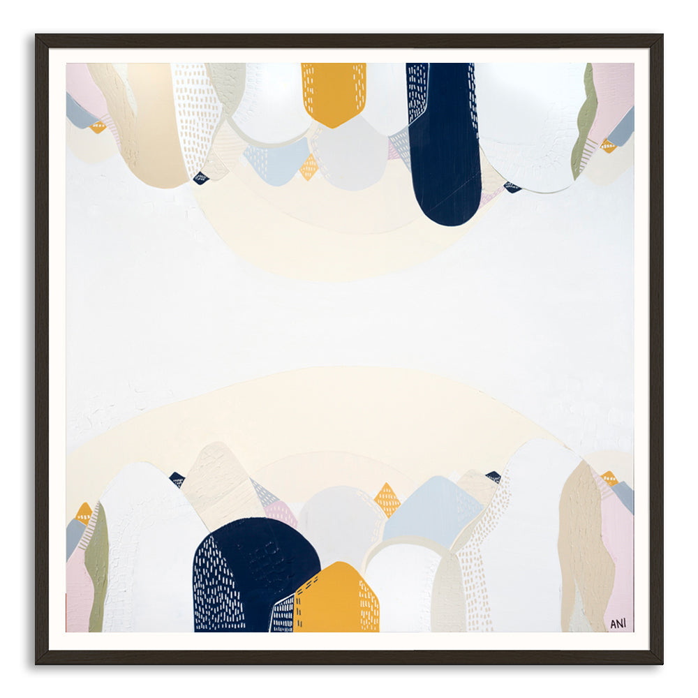 "Abstract landscape print of the Snowy Mountains by Australian artist Ani Ipradjian, inspired by the alpine region in New South Wales. Features cool tones and natural textures representing Australia’s highest mountain range. Ideal for nature lovers, collectors of Australian landscape art, and interior design styling."