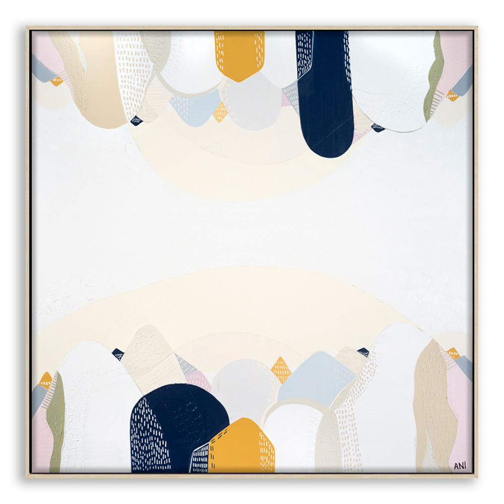 "Abstract landscape print of the Snowy Mountains by Australian artist Ani Ipradjian, inspired by the alpine region in New South Wales. Features cool tones and natural textures representing Australia’s highest mountain range. Ideal for nature lovers, collectors of Australian landscape art, and interior design styling."