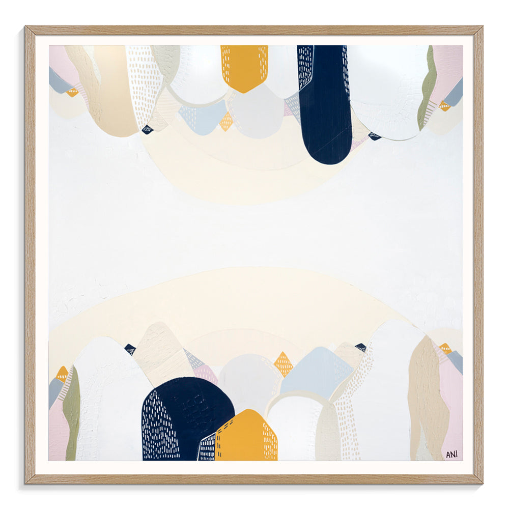 "Abstract landscape print of the Snowy Mountains by Australian artist Ani Ipradjian, inspired by the alpine region in New South Wales. Features cool tones and natural textures representing Australia’s highest mountain range. Ideal for nature lovers, collectors of Australian landscape art, and interior design styling."