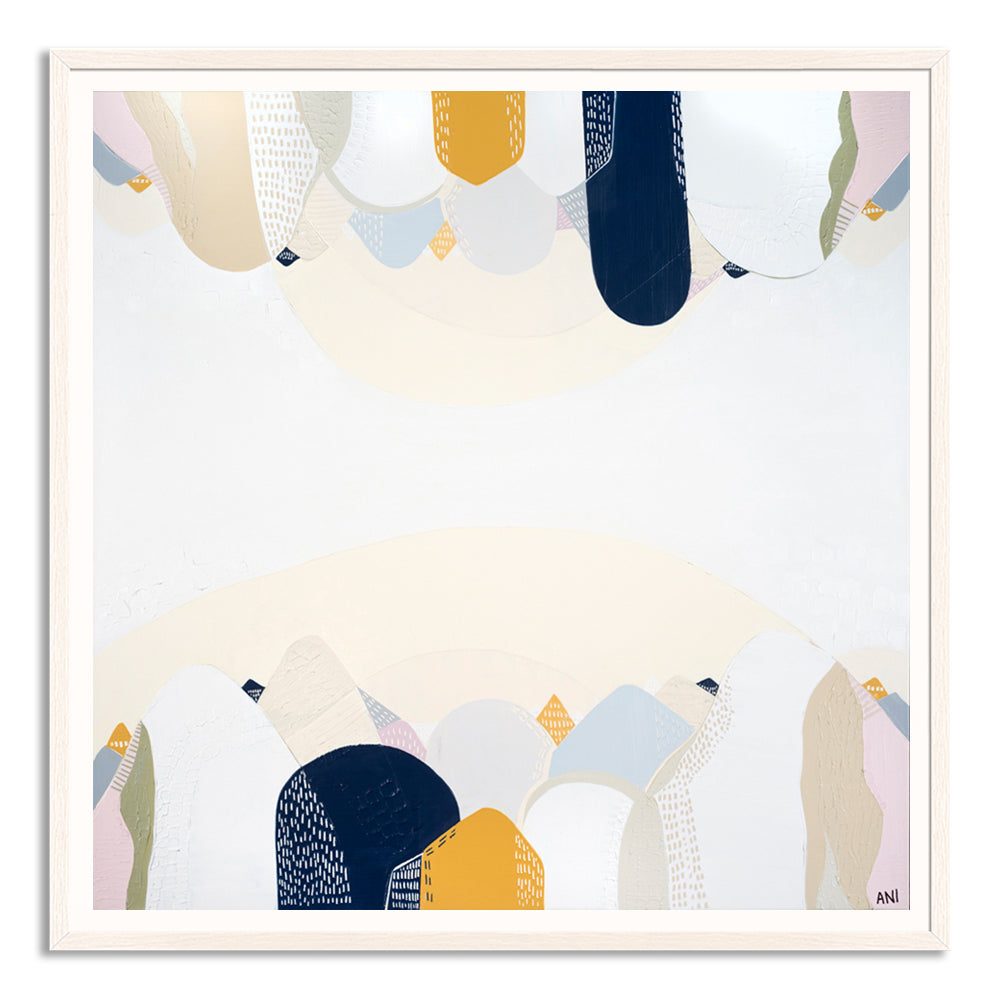 "Abstract landscape print of the Snowy Mountains by Australian artist Ani Ipradjian, inspired by the alpine region in New South Wales. Features cool tones and natural textures representing Australia’s highest mountain range. Ideal for nature lovers, collectors of Australian landscape art, and interior design styling."