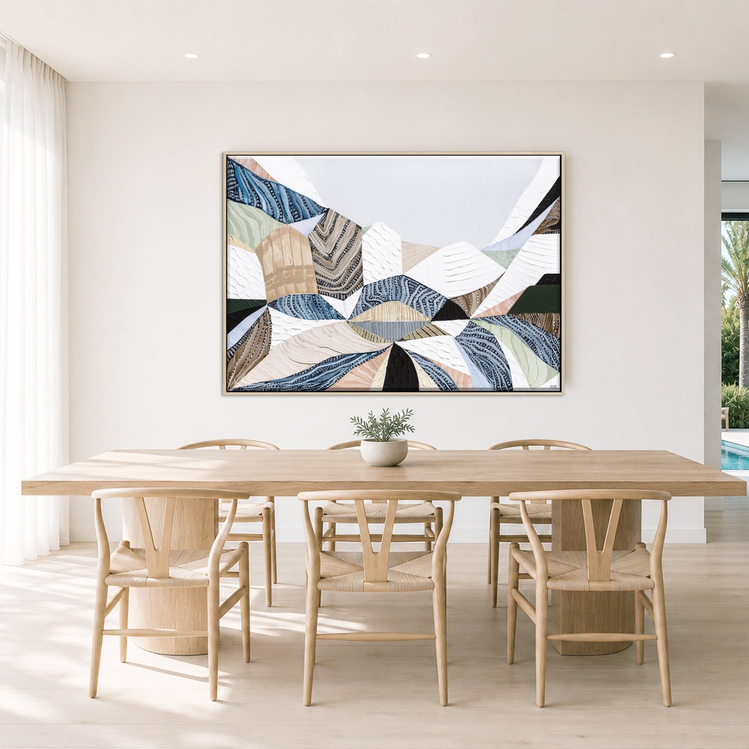 Three Sisters original abstract landscape painting by Australian artist Ani Ipradjian, inspired by the iconic Blue Mountains in Katoomba, New South Wales. Contemporary Australian wall art featuring rich textures, earthy tones, sandstone formations, and expressive colour, celebrating one of Australia's most famous natural landmarks for art collectors and modern interiors.