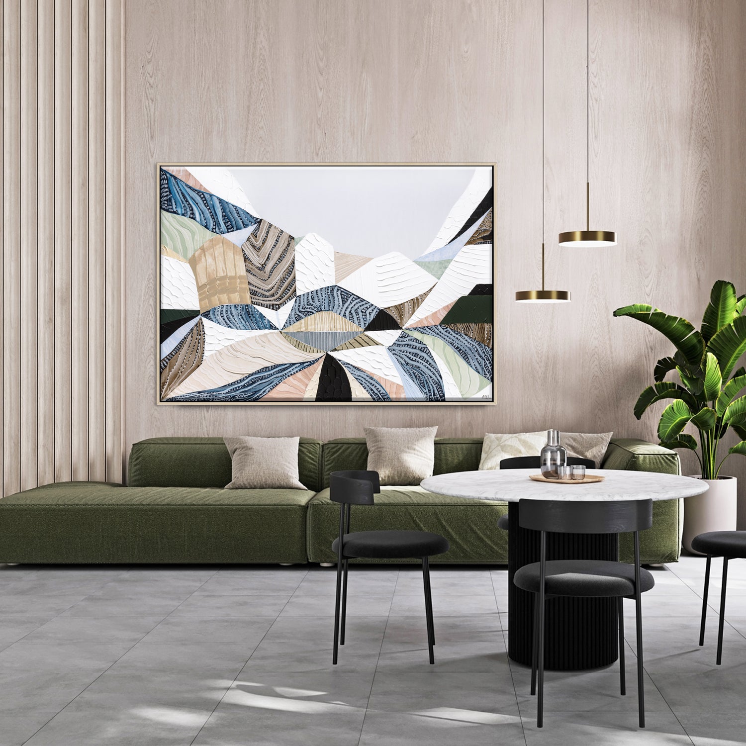 Three Sisters original abstract landscape painting by Australian artist Ani Ipradjian, inspired by the iconic Blue Mountains in Katoomba, New South Wales. Contemporary Australian wall art featuring rich textures, earthy tones, sandstone formations, and expressive colour, celebrating one of Australia's most famous natural landmarks for art collectors and modern interiors.