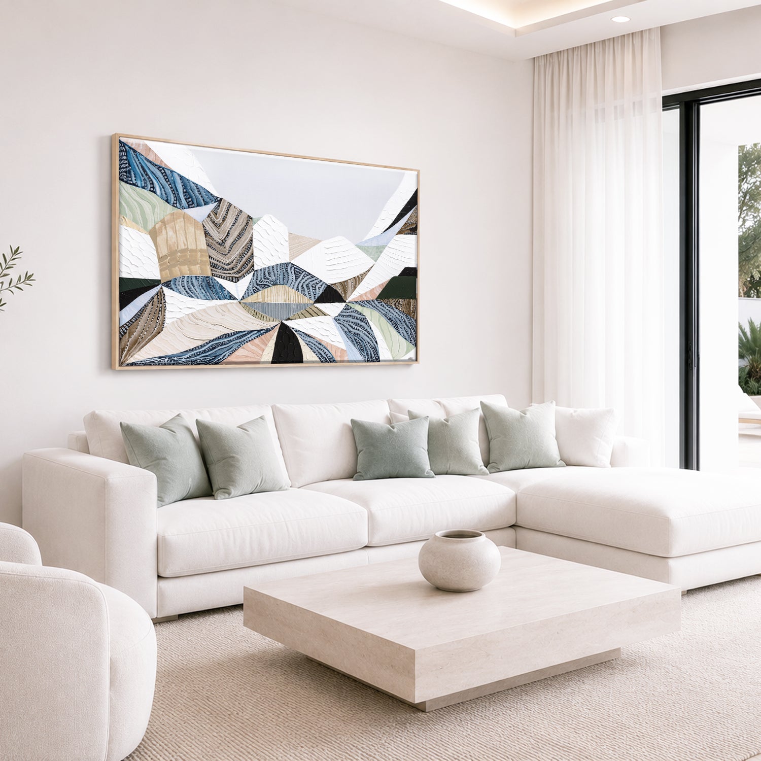 Three Sisters original abstract landscape painting by Australian artist Ani Ipradjian, inspired by the iconic Blue Mountains in Katoomba, New South Wales. Contemporary Australian wall art featuring rich textures, earthy tones, sandstone formations, and expressive colour, celebrating one of Australia's most famous natural landmarks for art collectors and modern interiors.