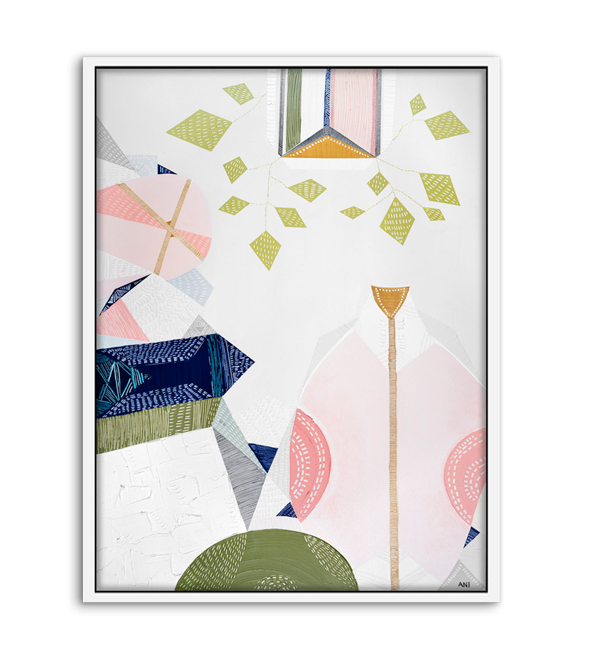 Urban Melbourne abstract print by Ani Ipradjian featuring warm retro tones and hanging vine-inspired shapes, celebrating 1970s interiors and Melbourne’s vibrant city life. Ideal for art collectors and interior decor inspired by Australian cityscapes.