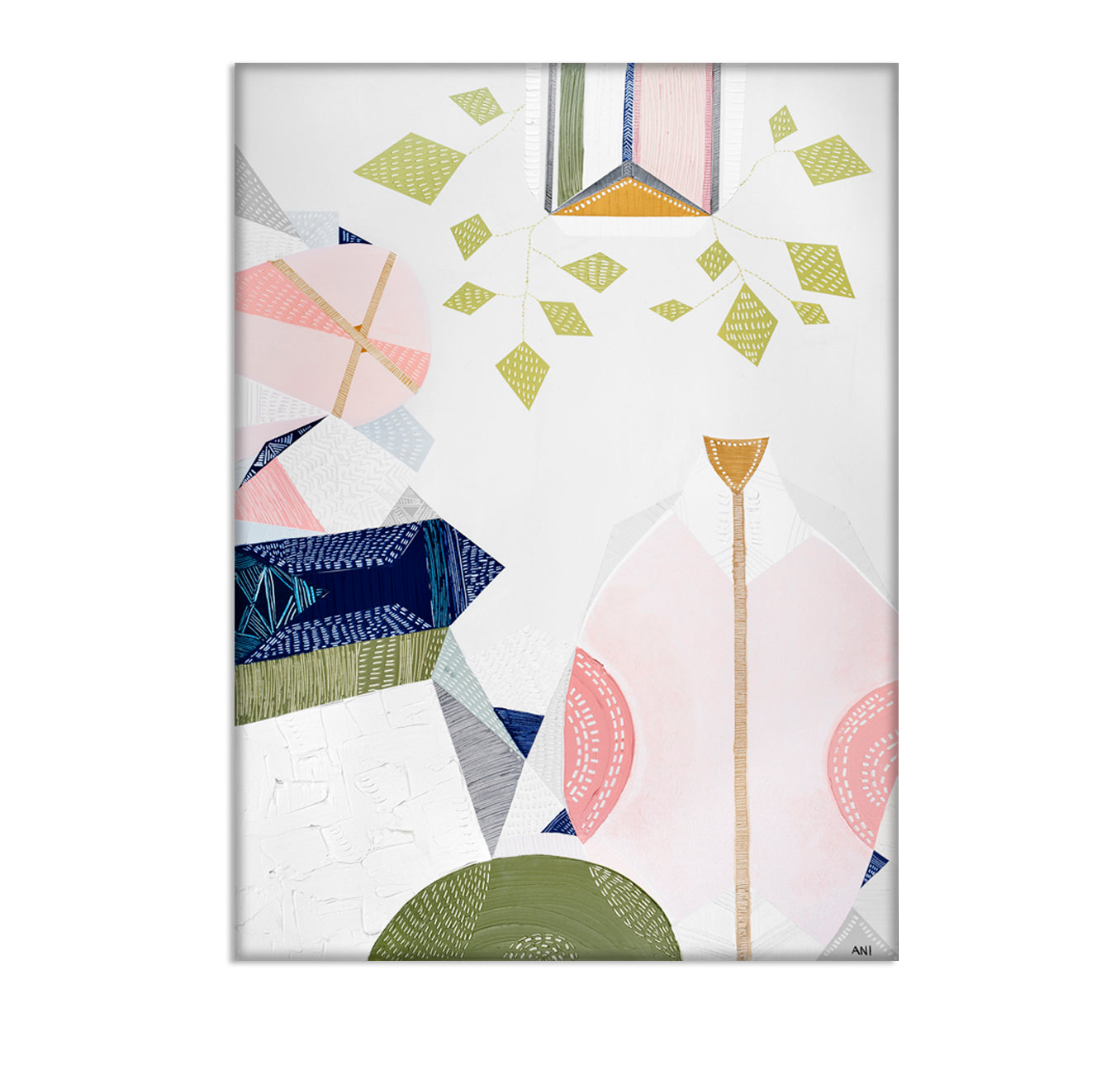 Urban Melbourne abstract print by Ani Ipradjian featuring warm retro tones and hanging vine-inspired shapes, celebrating 1970s interiors and Melbourne’s vibrant city life. Ideal for art collectors and interior decor inspired by Australian cityscapes.