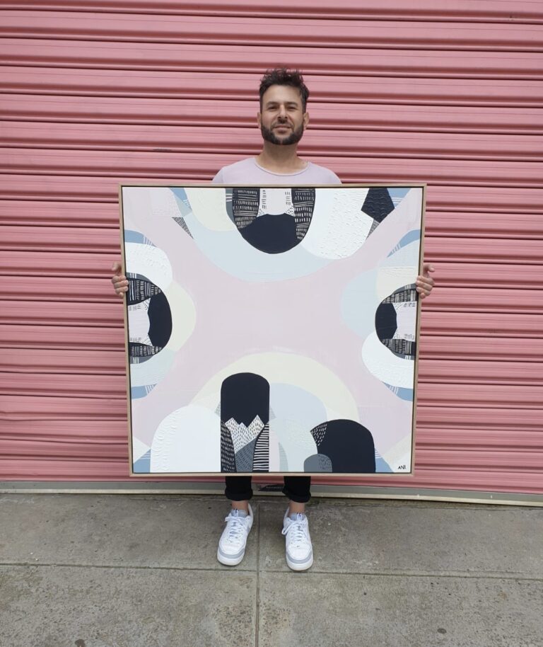 "Westgate Park Salt Lake" – Original abstract painting by Australian artist Ani Ipradjian, inspired by Melbourne’s pink salt lake beneath the West Gate Bridge, with layered textures and vibrant tones.