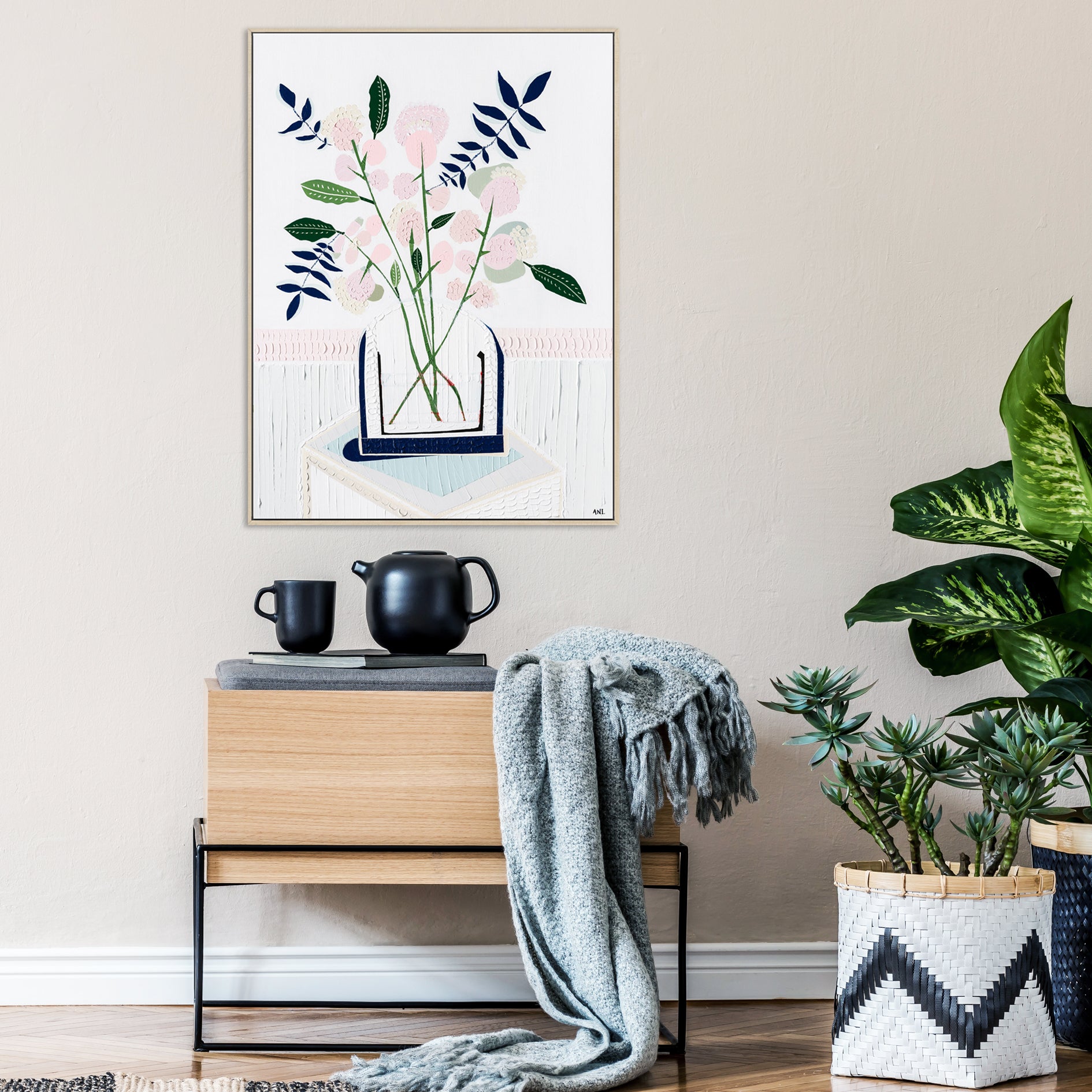 "Angel Face Rose" – Original abstract floral painting by Australian artist Ani Ipradjian, inspired by a childhood memory of a lavender rose, with textured blossom forms and a symbolic red accent.