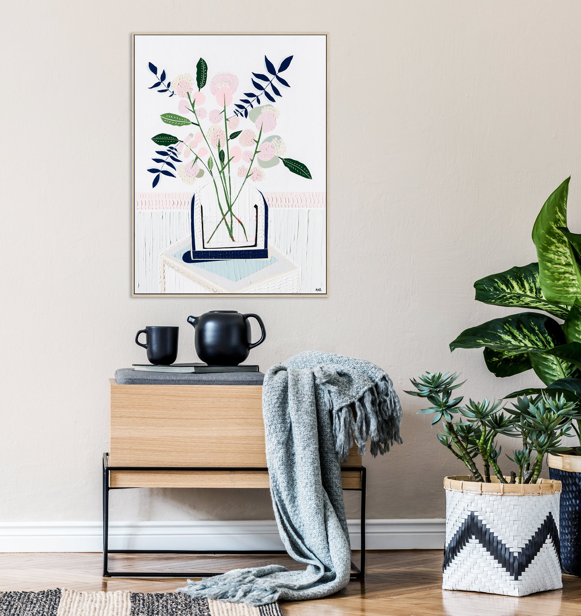 "Angel Face Rose" – Original abstract floral painting by Australian artist Ani Ipradjian, inspired by a childhood memory of a lavender rose, with textured blossom forms and a symbolic red accent.