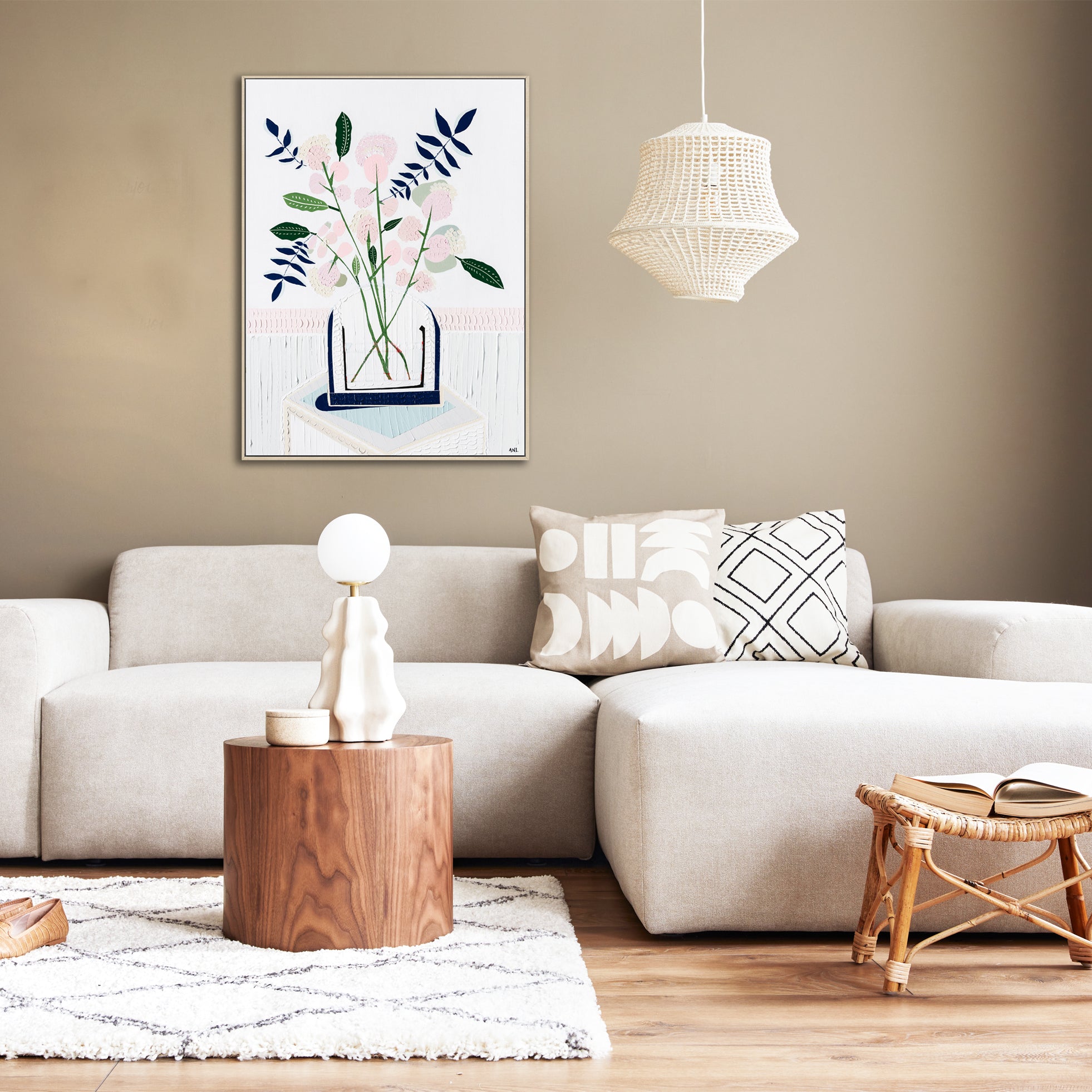 "Angel Face Rose" – Original abstract floral painting by Australian artist Ani Ipradjian, inspired by a childhood memory of a lavender rose, with textured blossom forms and a symbolic red accent.