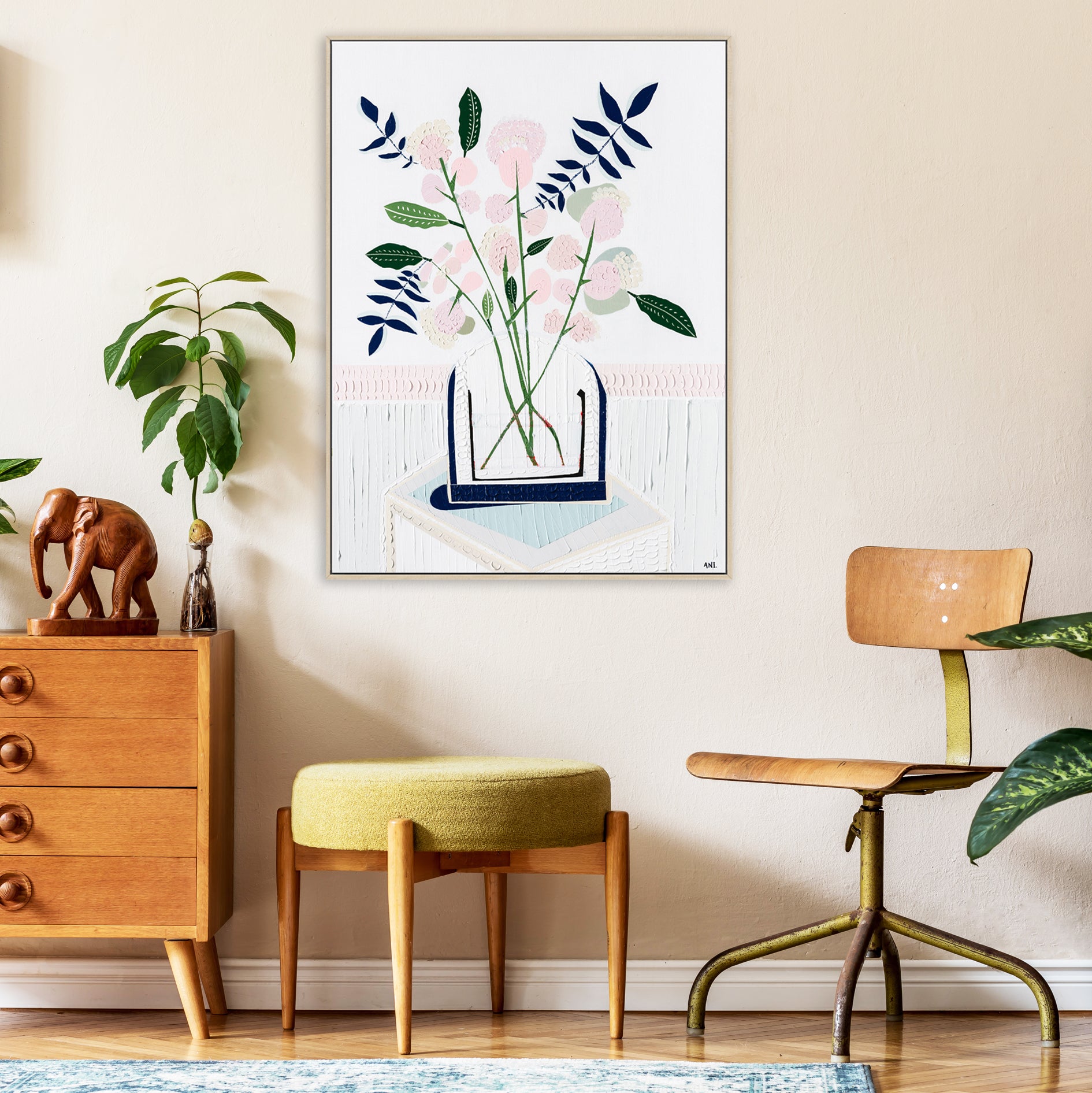 "Angel Face Rose" – Original abstract floral painting by Australian artist Ani Ipradjian, inspired by a childhood memory of a lavender rose, with textured blossom forms and a symbolic red accent.