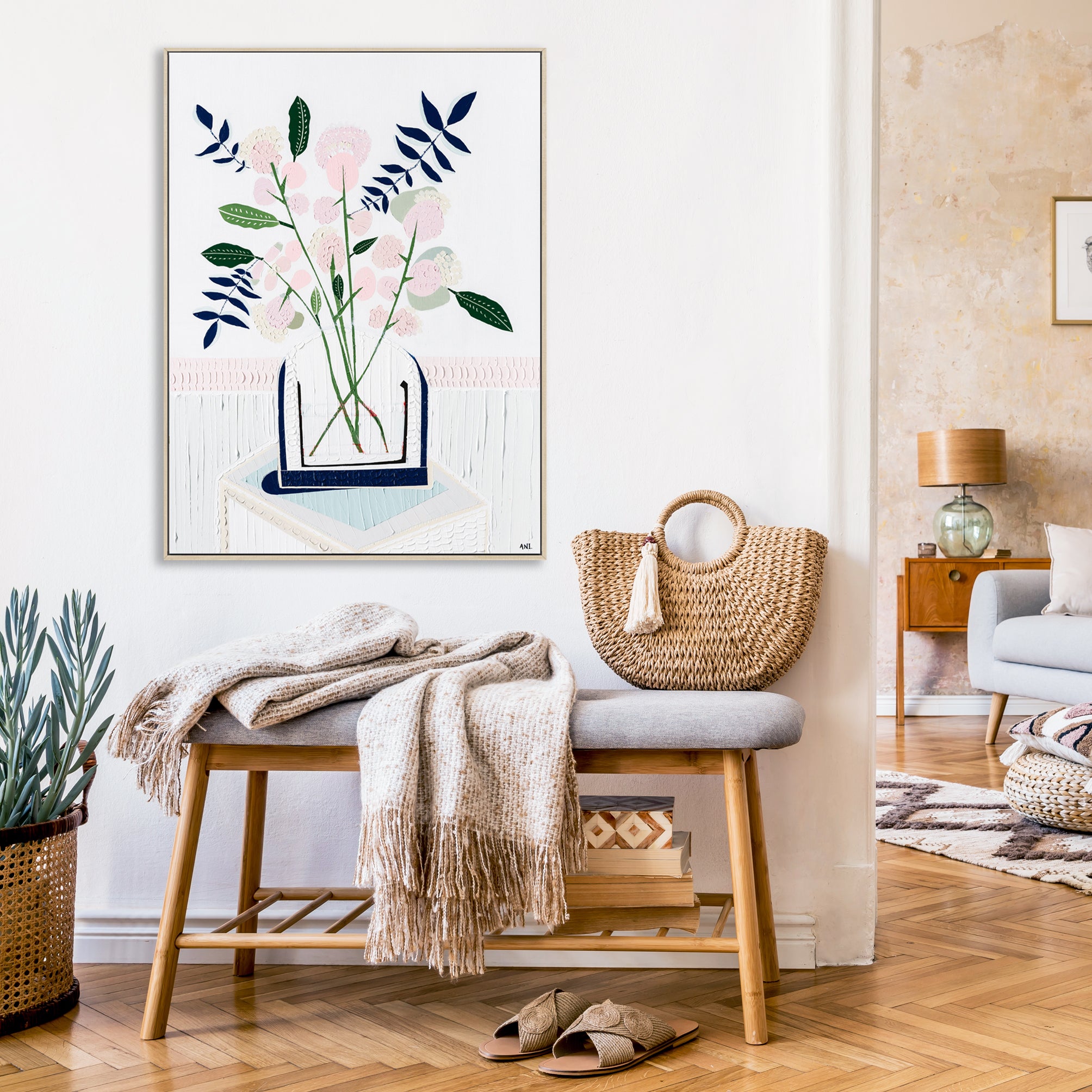 "Angel Face Rose" – Original abstract floral painting by Australian artist Ani Ipradjian, inspired by a childhood memory of a lavender rose, with textured blossom forms and a symbolic red accent.