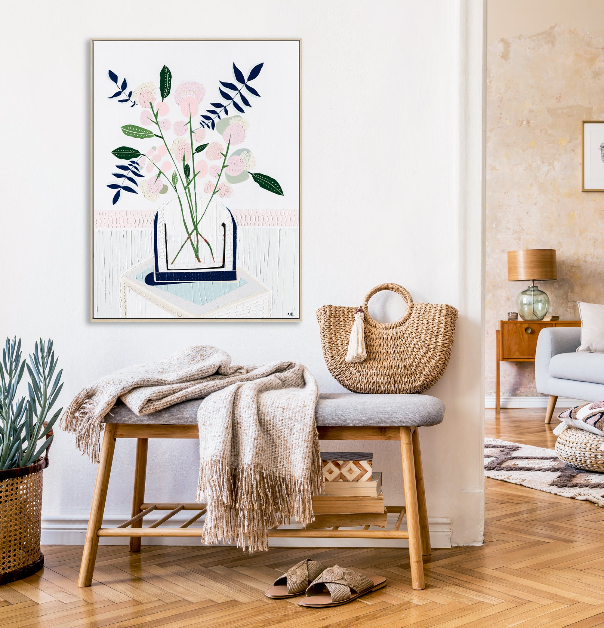 "Angel Face Rose" – Original abstract floral painting by Australian artist Ani Ipradjian, inspired by a childhood memory of a lavender rose, with textured blossom forms and a symbolic red accent.