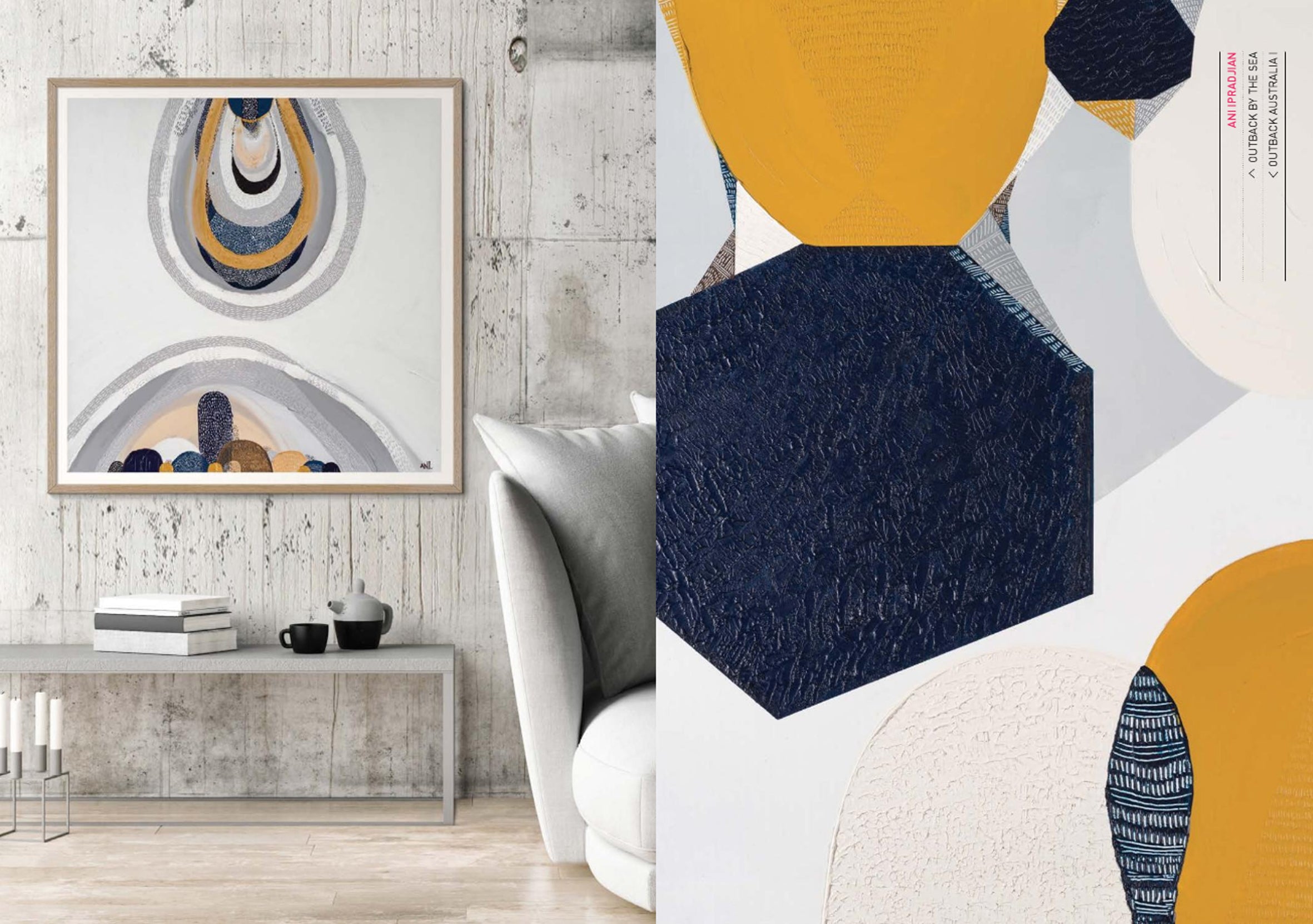 "Outback by the Sea" – Original abstract painting by Australian artist Ani Ipradjian, blending coastal blues and golden outback tones, inspired by Australia's land, sea, and cultural heritage.