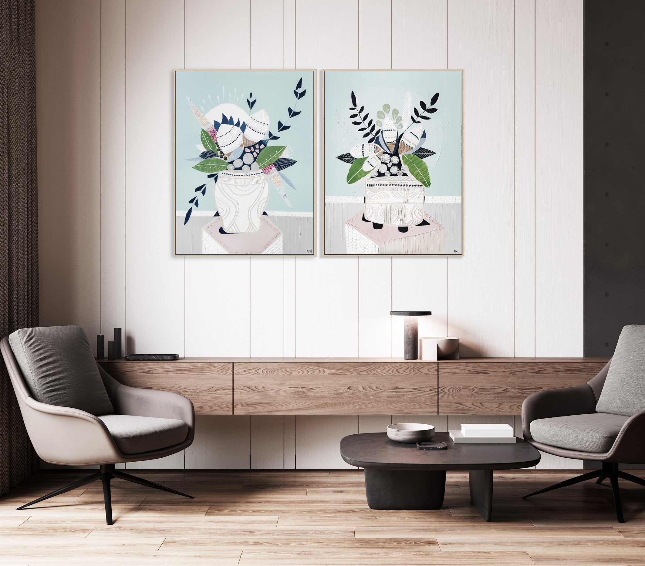 "Wild Banksia Bouquet" – Original abstract floral painting by Australian artist Ani Ipradjian, featuring coastal tones and native Banksia flowers, perfect for modern interiors and botanical art lovers.