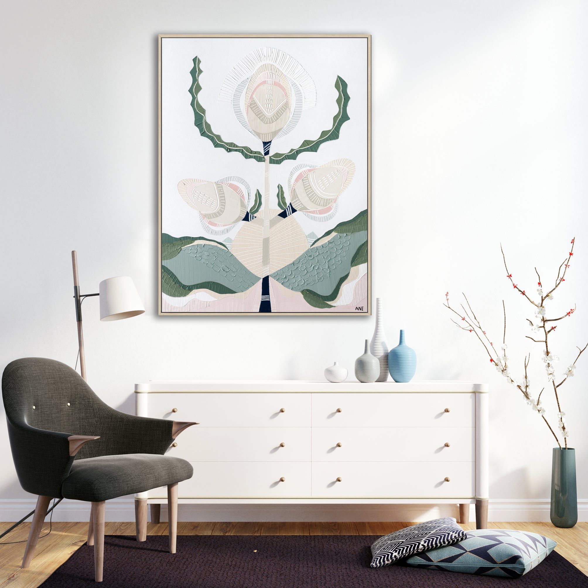 "Banksia Elements 1" – Original abstract painting by Australian artist Ani Ipradjian, inspired by the textures and colours of native Banksia flowers, celebrating their layered, spiky floral forms and natural elegance.