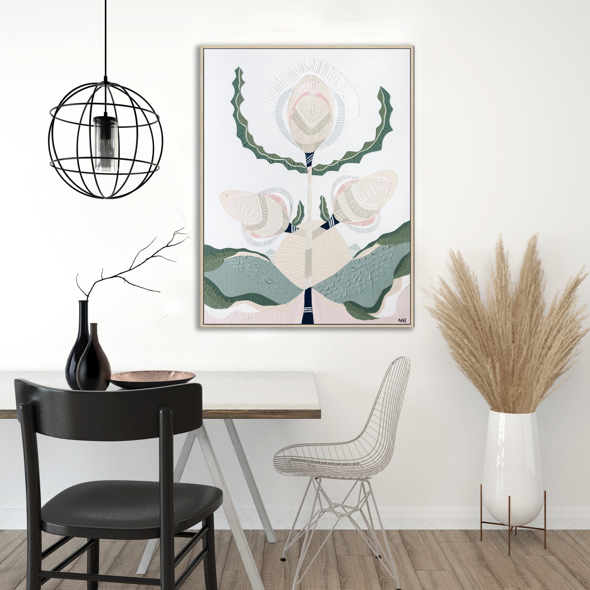 "Banksia Elements 1" – Original abstract painting by Australian artist Ani Ipradjian, inspired by the textures and colours of native Banksia flowers, celebrating their layered, spiky floral forms and natural elegance.