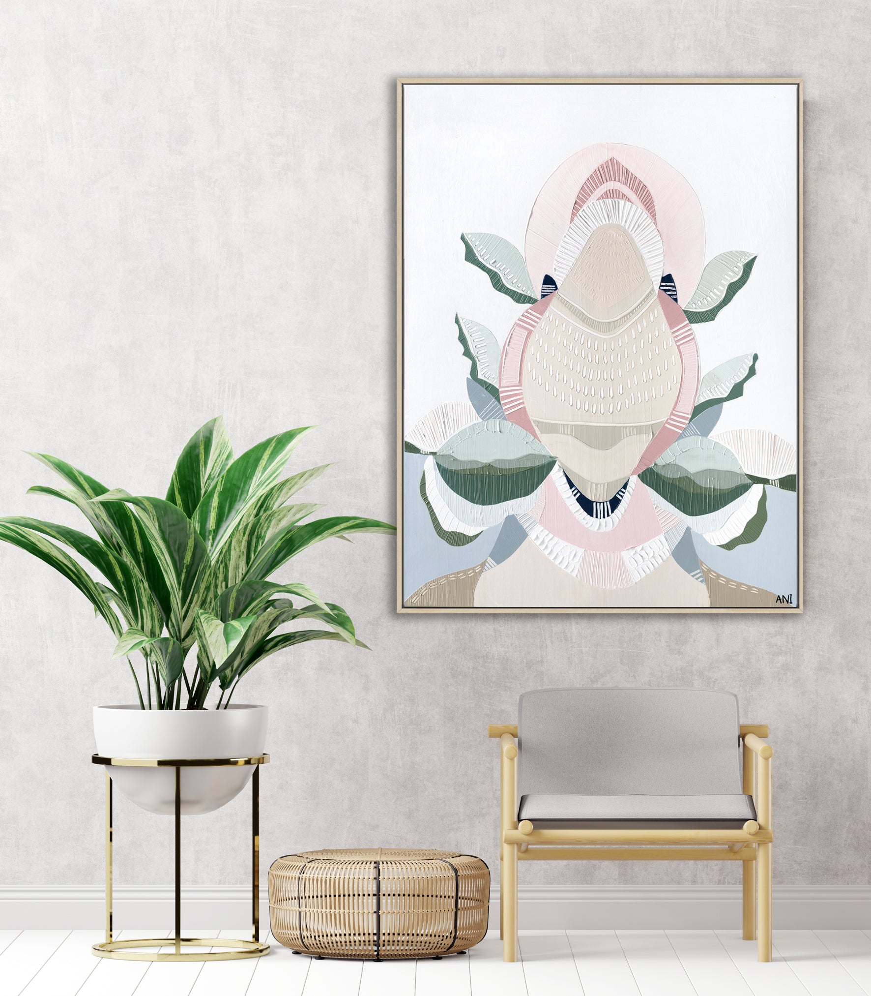 "Banksia Elements 4" – Original abstract painting by Australian artist Ani Ipradjian, inspired by the textures and colours of native Banksia flowers, celebrating their layered, spiky floral forms and natural elegance.