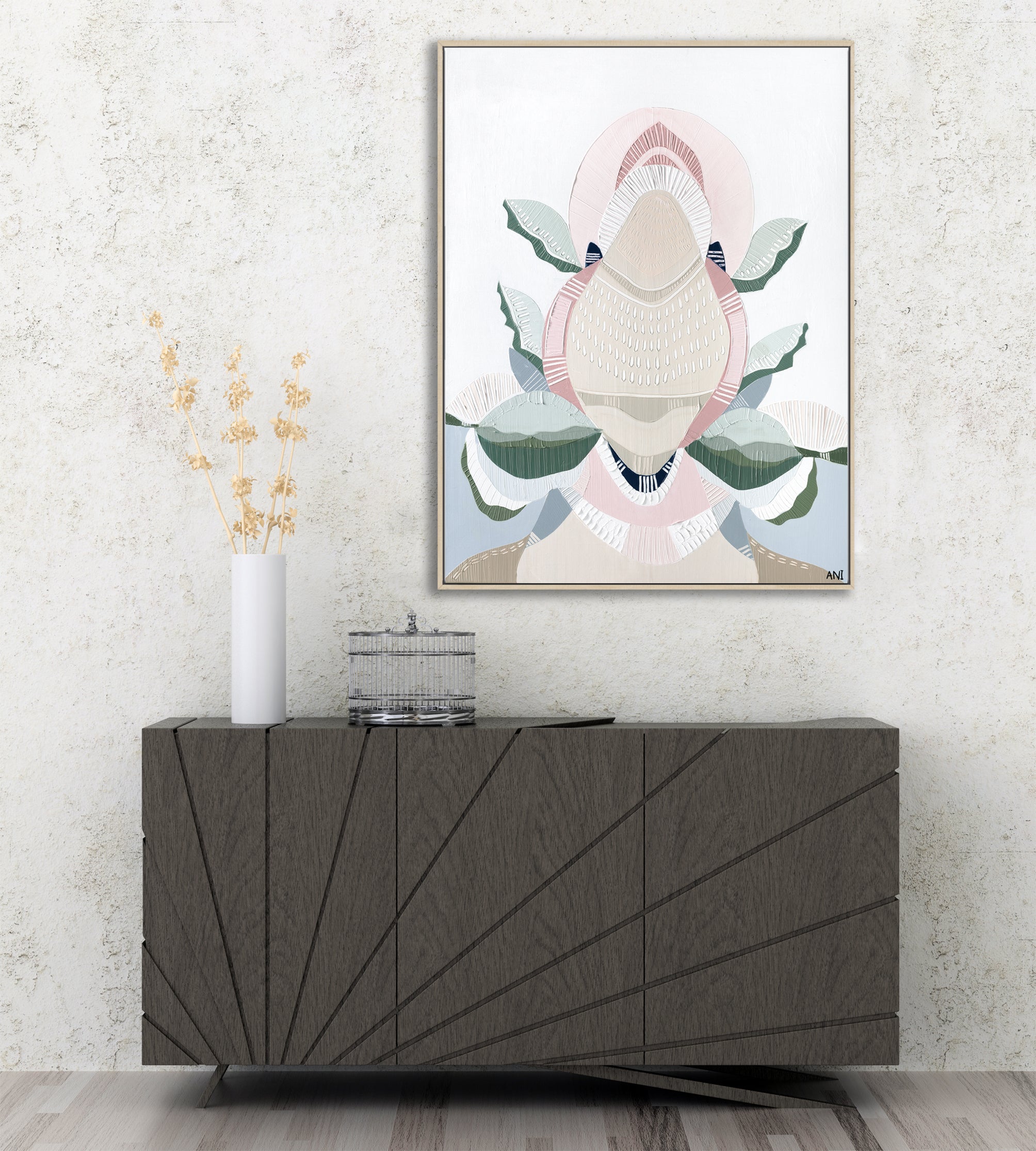 "Banksia Elements 4" – Original abstract painting by Australian artist Ani Ipradjian, inspired by the textures and colours of native Banksia flowers, celebrating their layered, spiky floral forms and natural elegance.