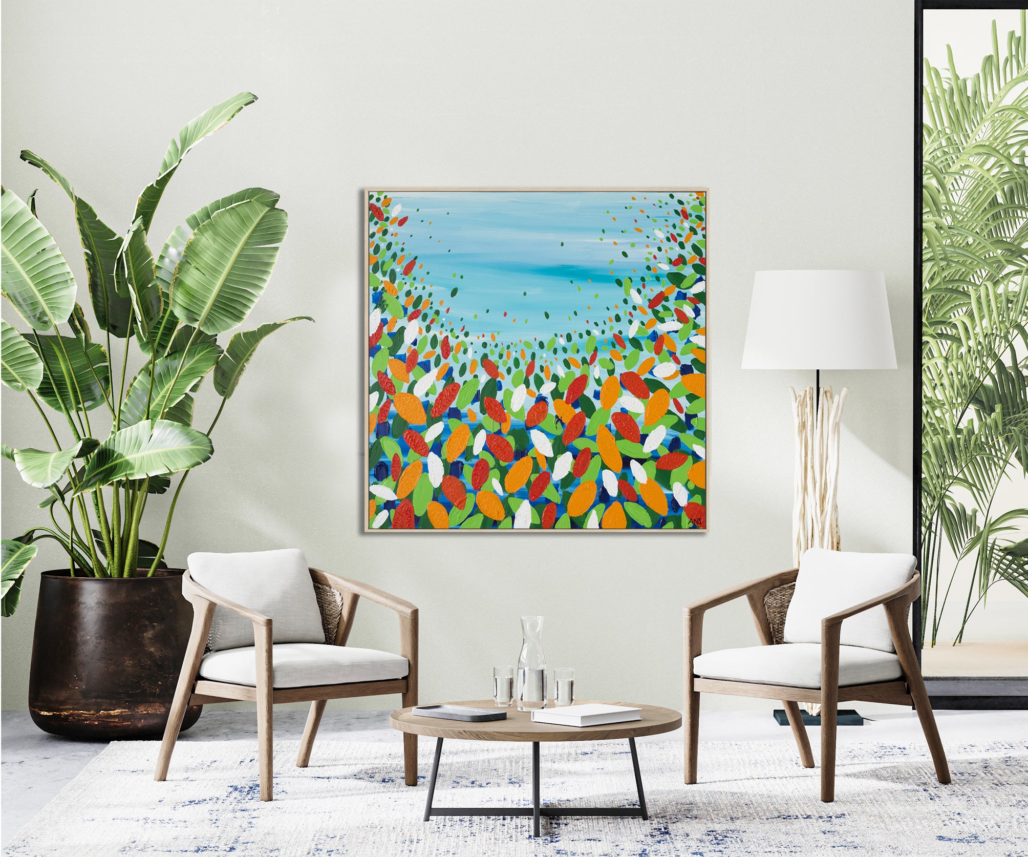 "Chakra Leaves" – Original abstract energy painting by Australian artist Ani Ipradjian, inspired by nature, healing chakras, and Australia’s earthy landscape, featuring organic forms and grounding tones.