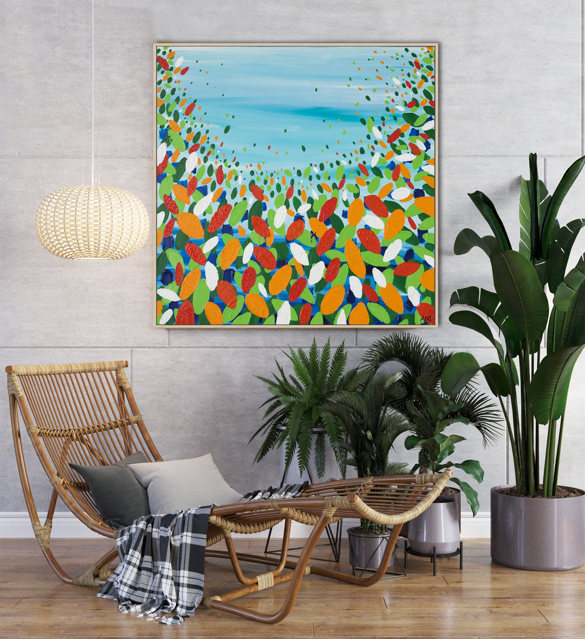 "Chakra Leaves" – Original abstract energy painting by Australian artist Ani Ipradjian, inspired by nature, healing chakras, and Australia’s earthy landscape, featuring organic forms and grounding tones.