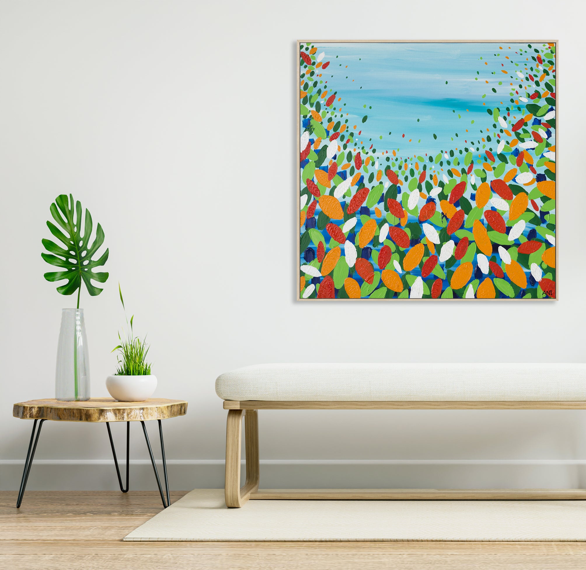 "Chakra Leaves" – Original abstract energy painting by Australian artist Ani Ipradjian, inspired by nature, healing chakras, and Australia’s earthy landscape, featuring organic forms and grounding tones.