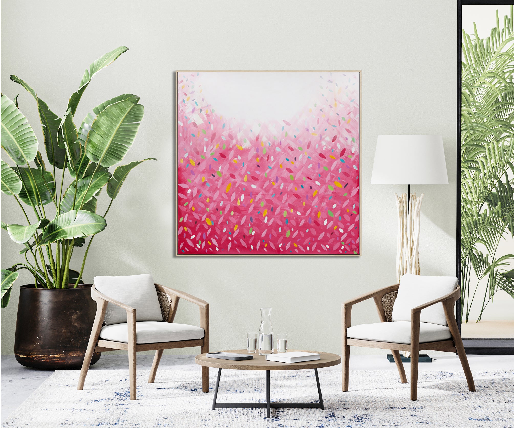 "Bonds Confetti Leaves" – Original abstract painting by Australian artist Ani Ipradjian, inspired by the BONDS Confetti Wonder jumpsuit, featuring vibrant colours and layered textures in a playful, contemporary style.