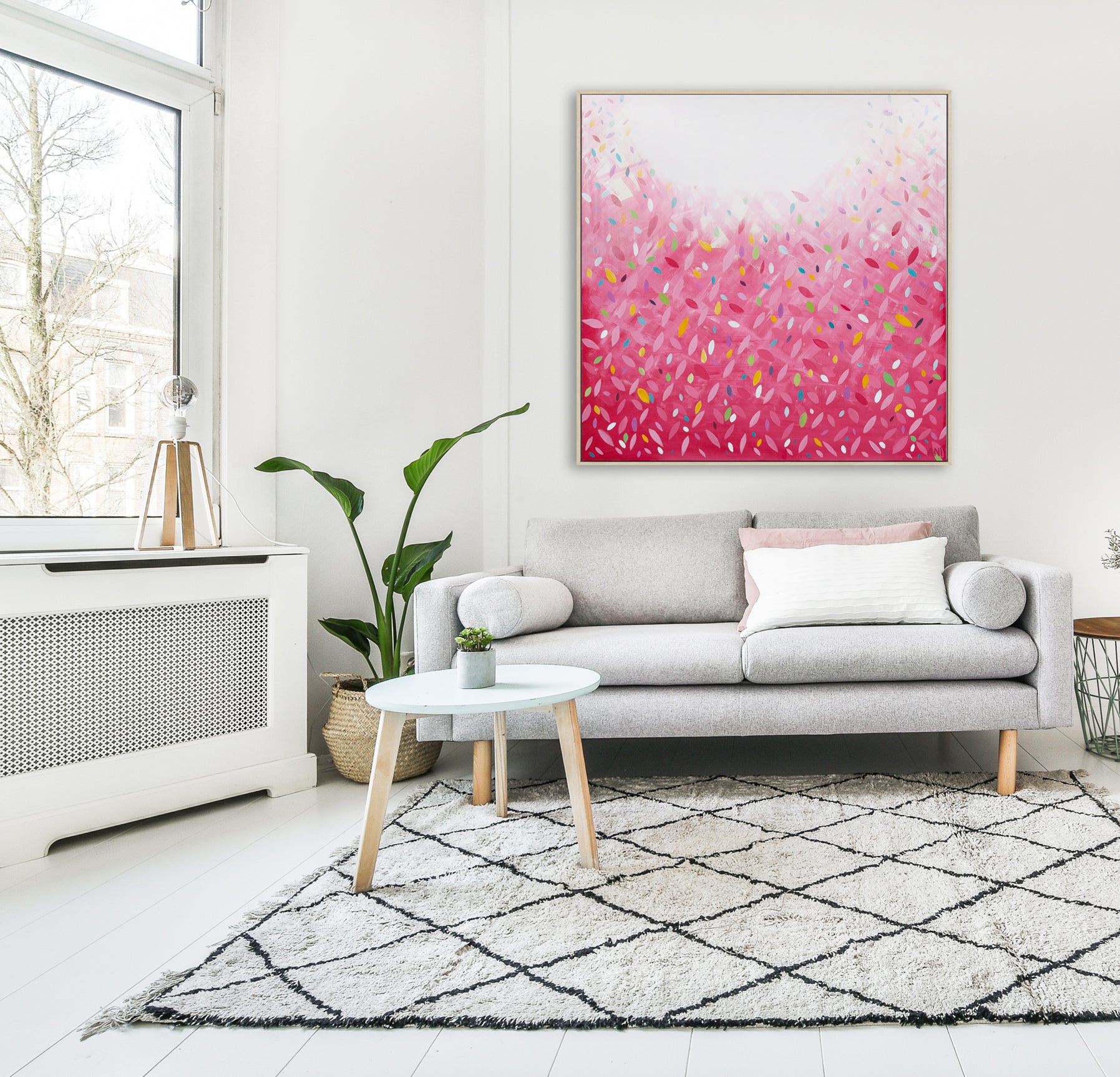 "Bonds Confetti Leaves" – Original abstract painting by Australian artist Ani Ipradjian, inspired by the BONDS Confetti Wonder jumpsuit, featuring vibrant colours and layered textures in a playful, contemporary style.