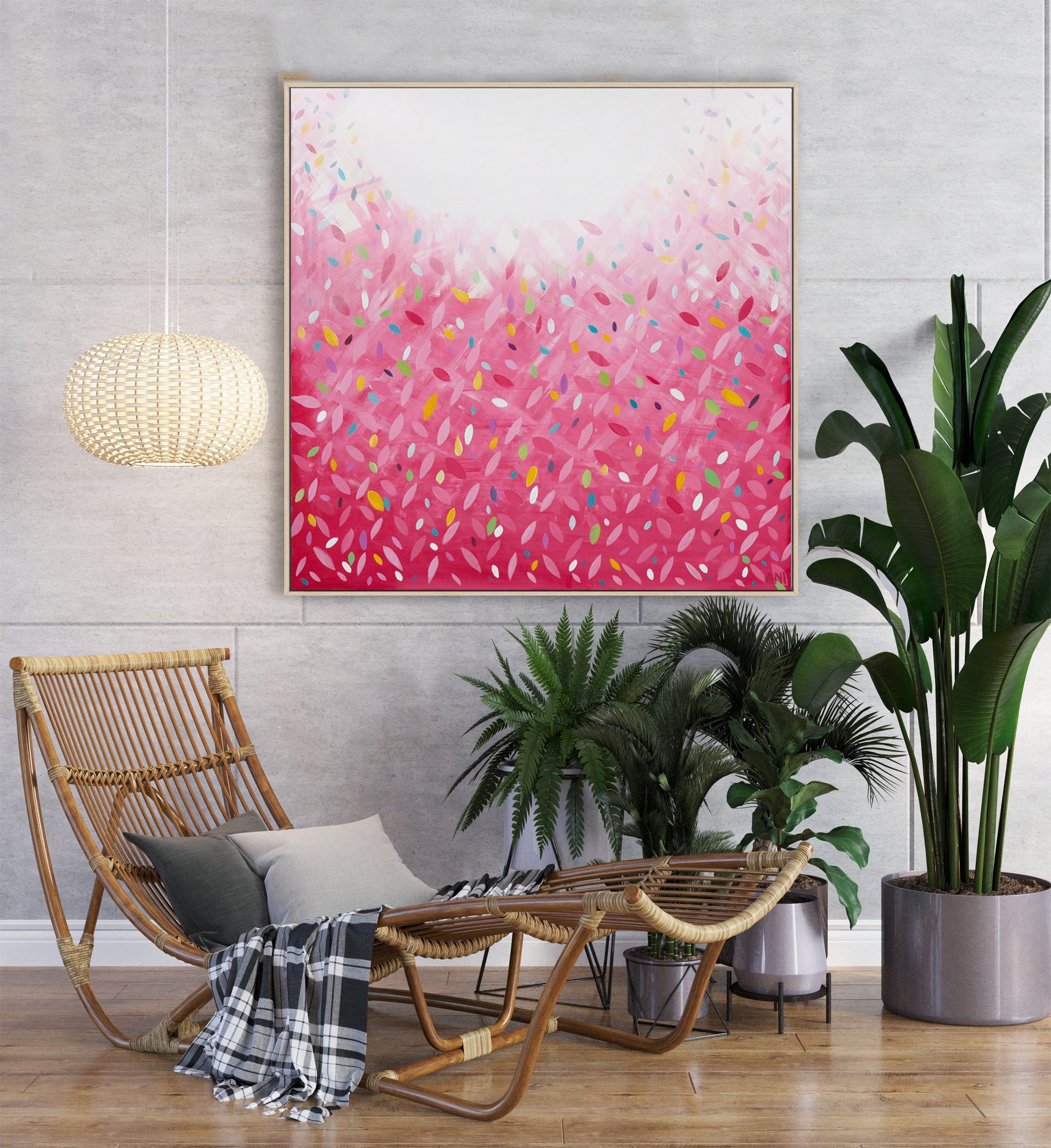 "Bonds Confetti Leaves" – Original abstract painting by Australian artist Ani Ipradjian, inspired by the BONDS Confetti Wonder jumpsuit, featuring vibrant colours and layered textures in a playful, contemporary style.