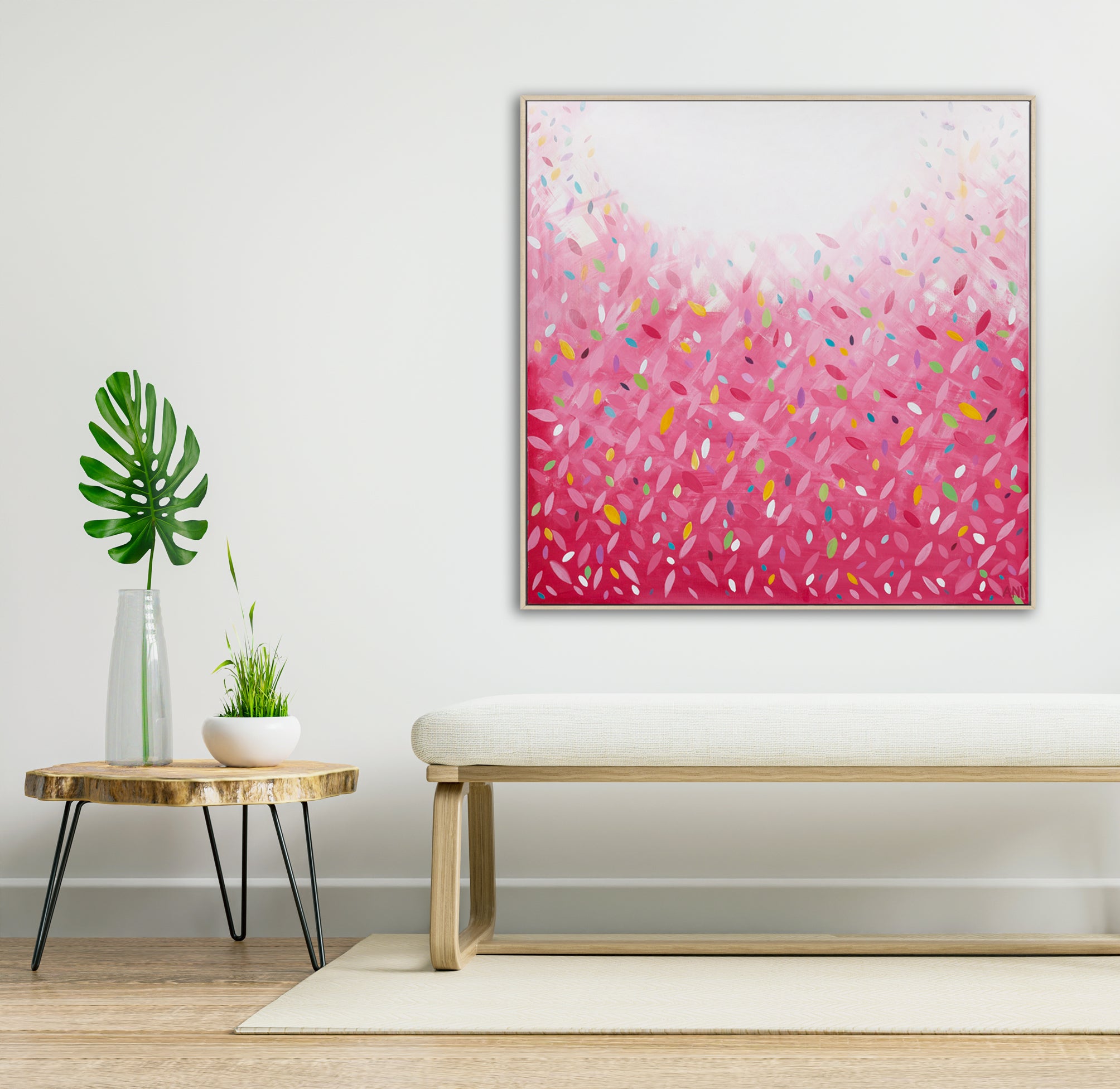 "Bonds Confetti Leaves" – Original abstract painting by Australian artist Ani Ipradjian, inspired by the BONDS Confetti Wonder jumpsuit, featuring vibrant colours and layered textures in a playful, contemporary style.