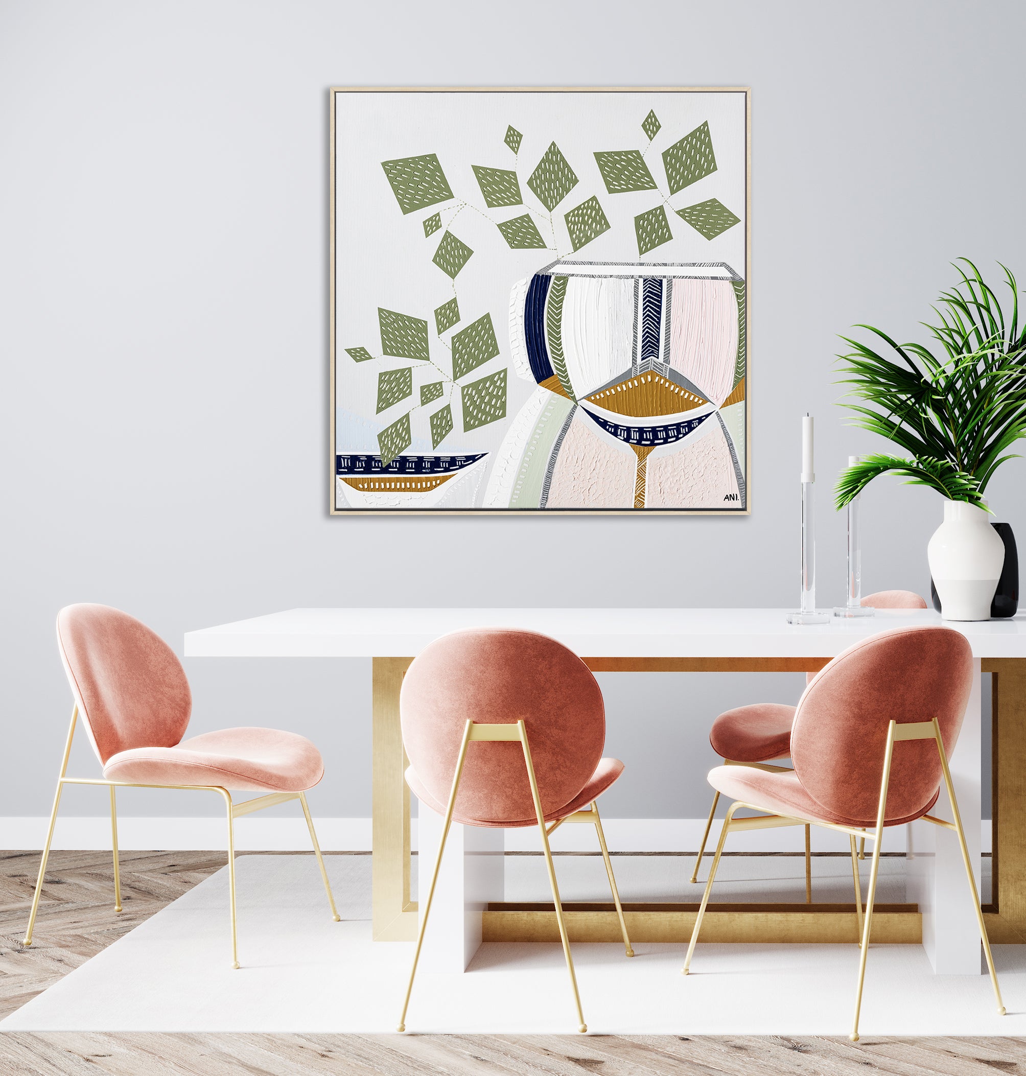 "Devils Ivy 2" – Original botanical painting by Australian artist Ani Ipradjian, featuring lucky money plant leaves in textured green tones, part of the Urban Melbourne series featured on The Block.