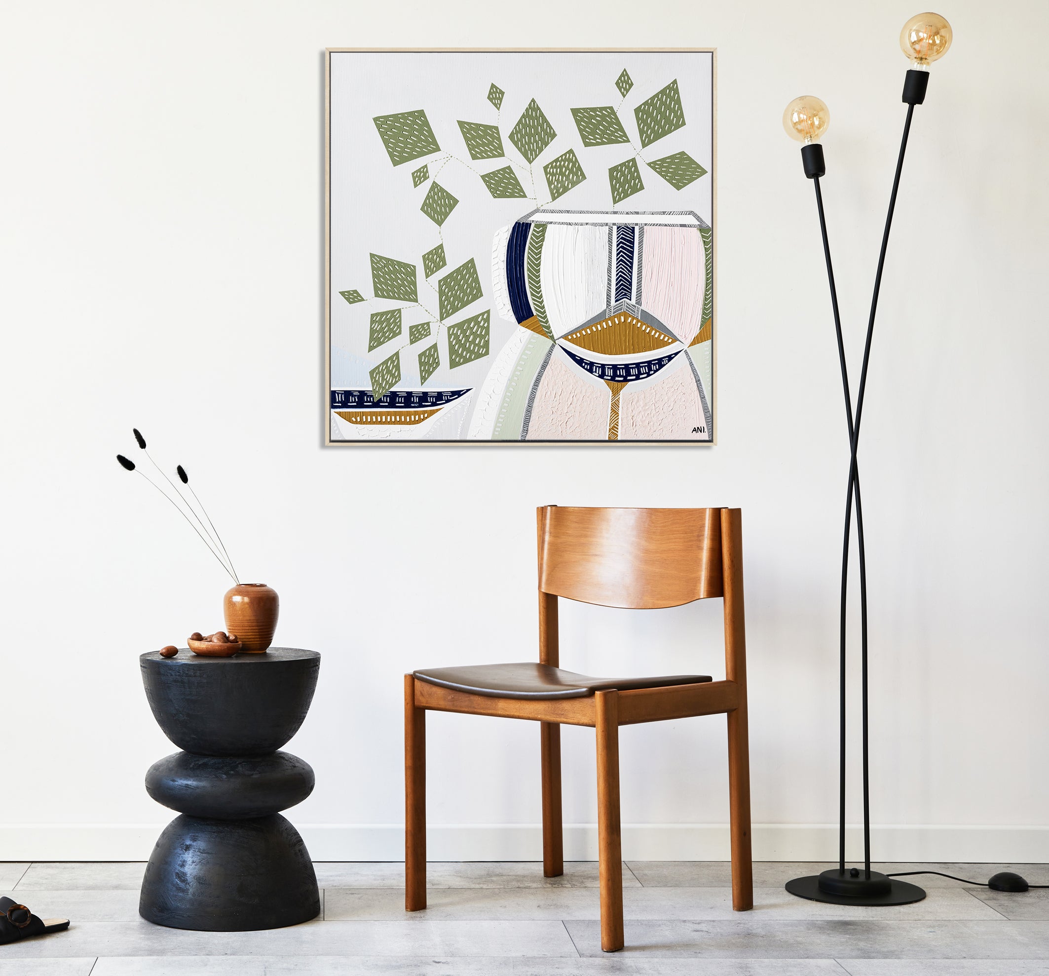 "Devils Ivy 2" – Original botanical painting by Australian artist Ani Ipradjian, featuring lucky money plant leaves in textured green tones, part of the Urban Melbourne series featured on The Block.