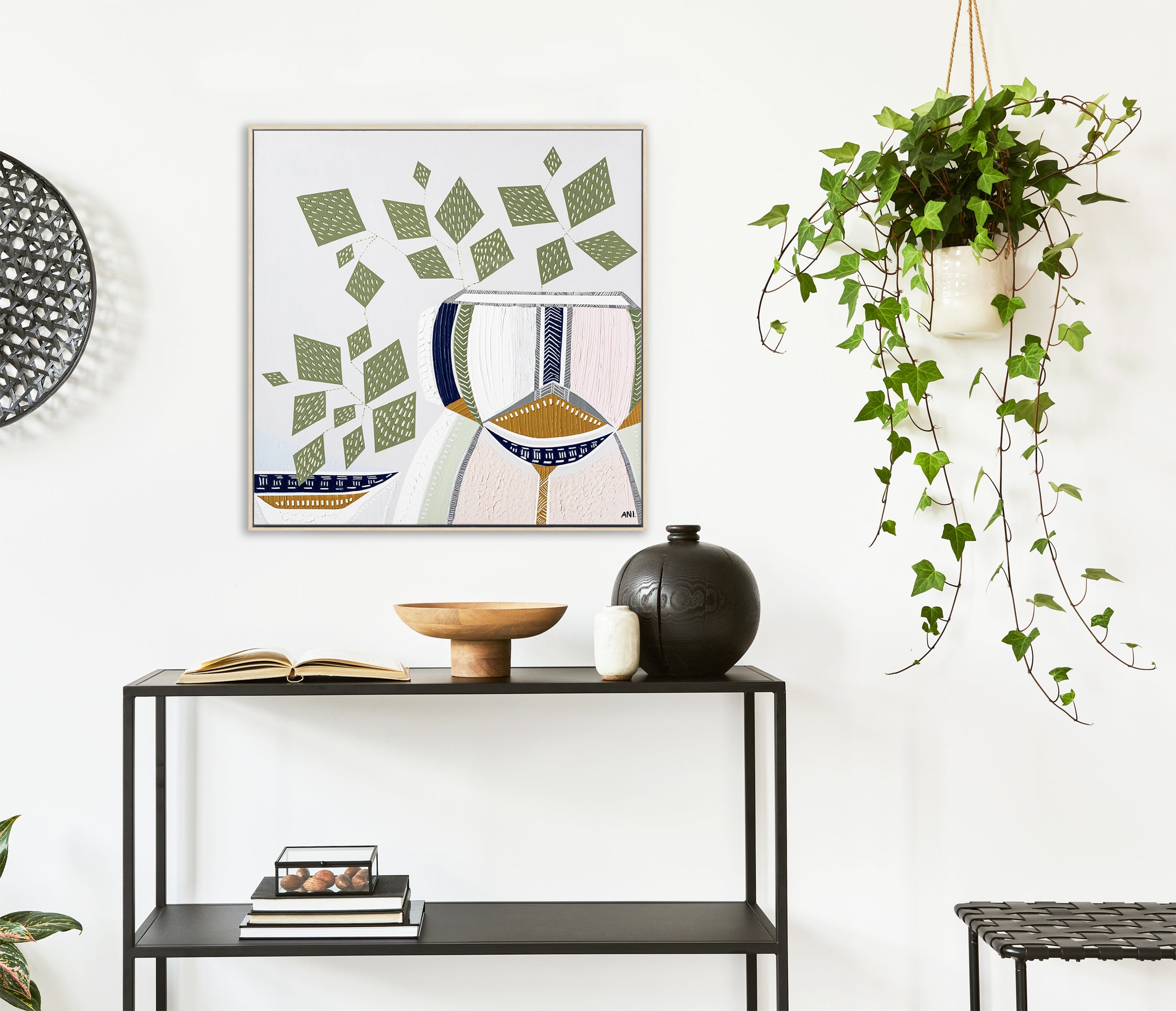 "Devils Ivy 2" – Original botanical painting by Australian artist Ani Ipradjian, featuring lucky money plant leaves in textured green tones, part of the Urban Melbourne series featured on The Block.