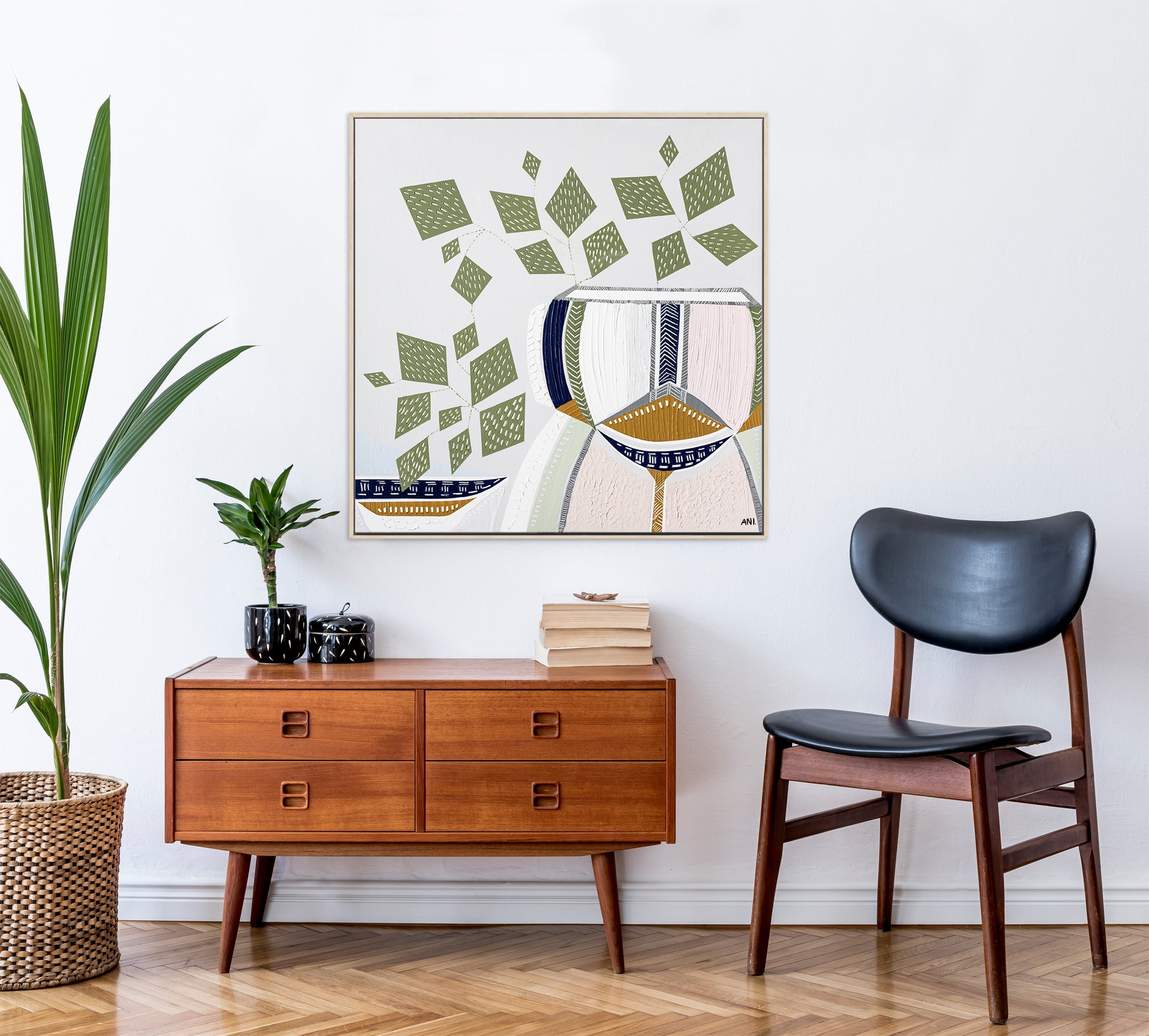 "Devils Ivy 2" – Original botanical painting by Australian artist Ani Ipradjian, featuring lucky money plant leaves in textured green tones, part of the Urban Melbourne series featured on The Block.