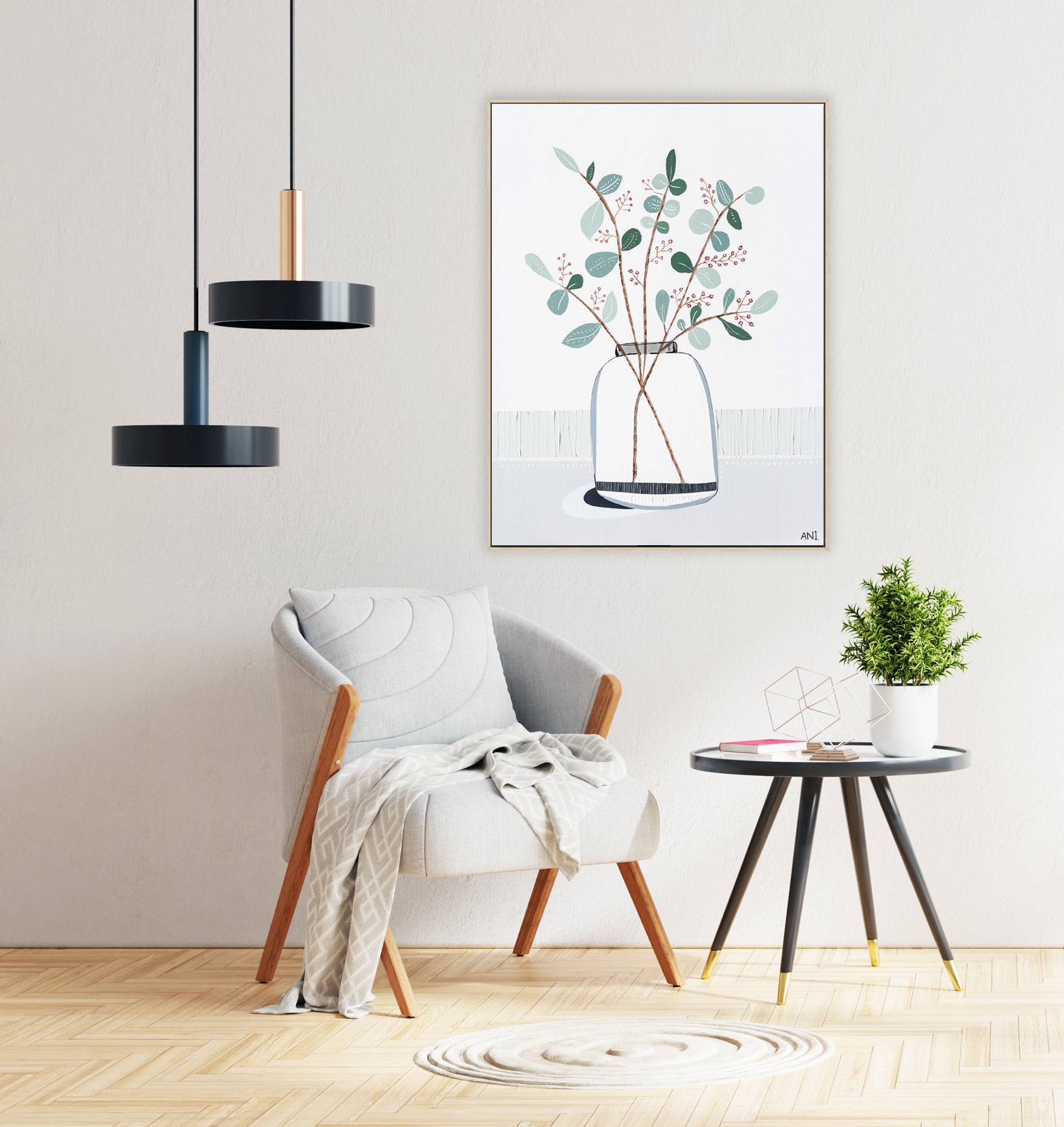 "Eye of Eucalyptus" – Original abstract floral painting by Australian artist Ani Ipradjian, blending Eucalyptus gunnii and cotoneaster berries with symbolic ‘evil eye’ protection in a textured, nature-inspired design.