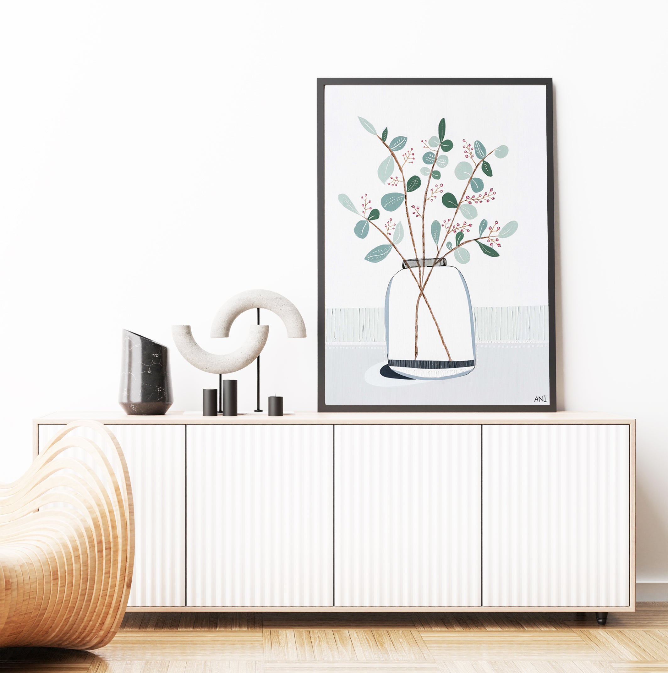 "Eye of Eucalyptus" – Original abstract floral painting by Australian artist Ani Ipradjian, blending Eucalyptus gunnii and cotoneaster berries with symbolic ‘evil eye’ protection in a textured, nature-inspired design.