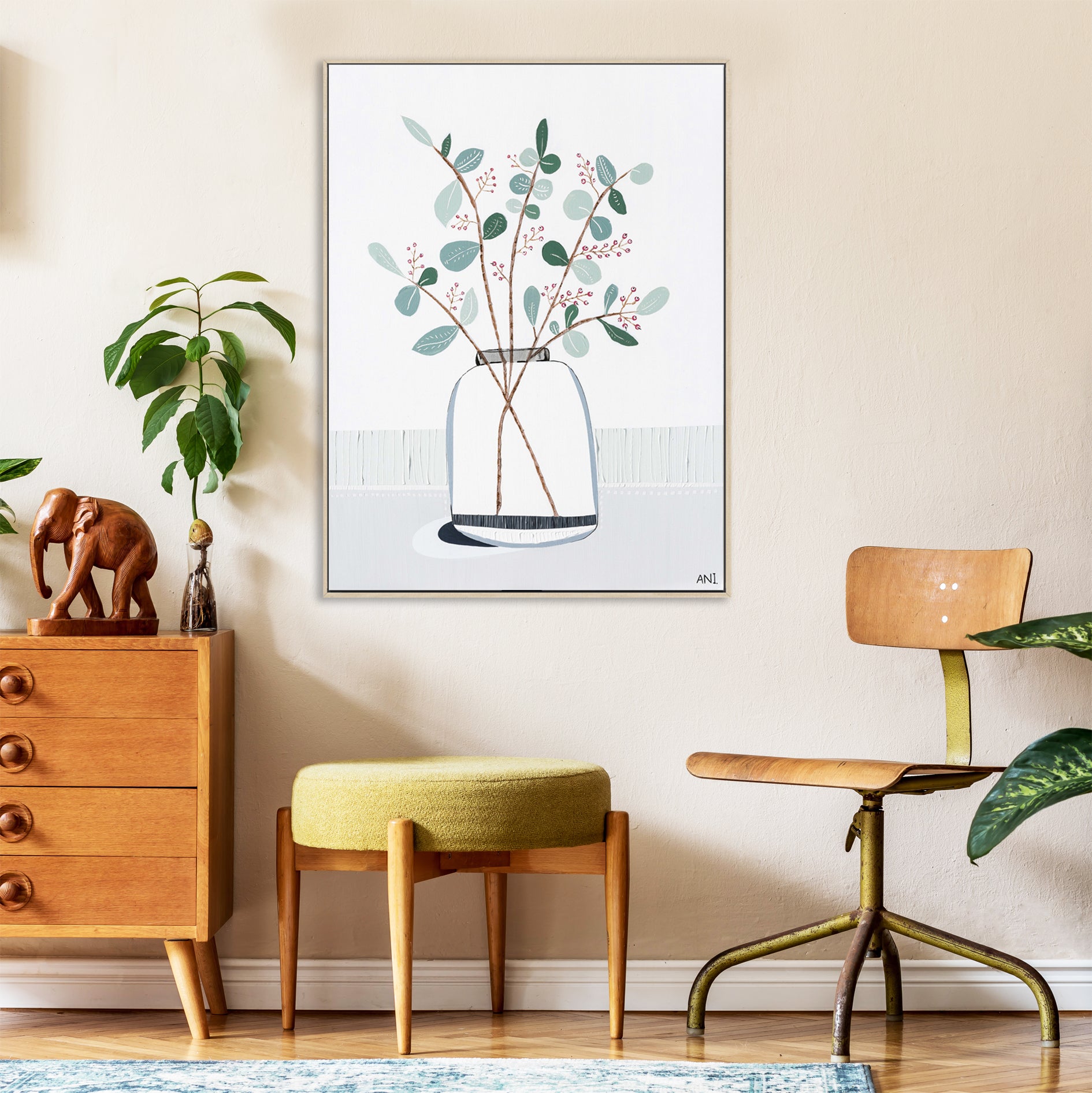 "Eye of Eucalyptus" – Original abstract floral painting by Australian artist Ani Ipradjian, blending Eucalyptus gunnii and cotoneaster berries with symbolic ‘evil eye’ protection in a textured, nature-inspired design.