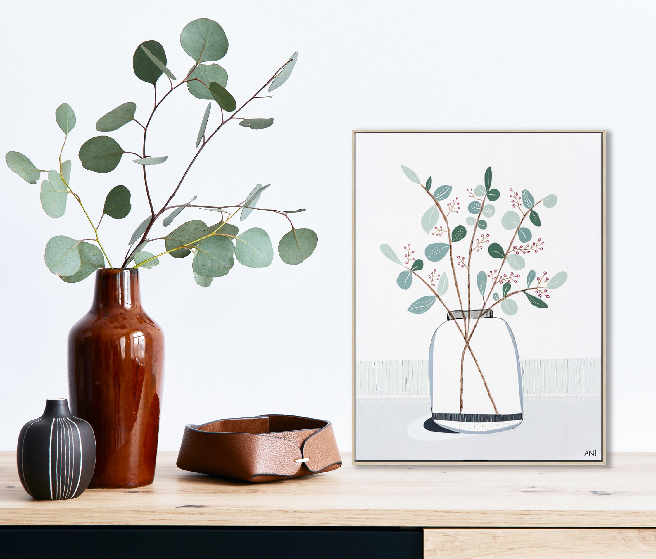 "Eye of Eucalyptus" – Original abstract floral painting by Australian artist Ani Ipradjian, blending Eucalyptus gunnii and cotoneaster berries with symbolic ‘evil eye’ protection in a textured, nature-inspired design.