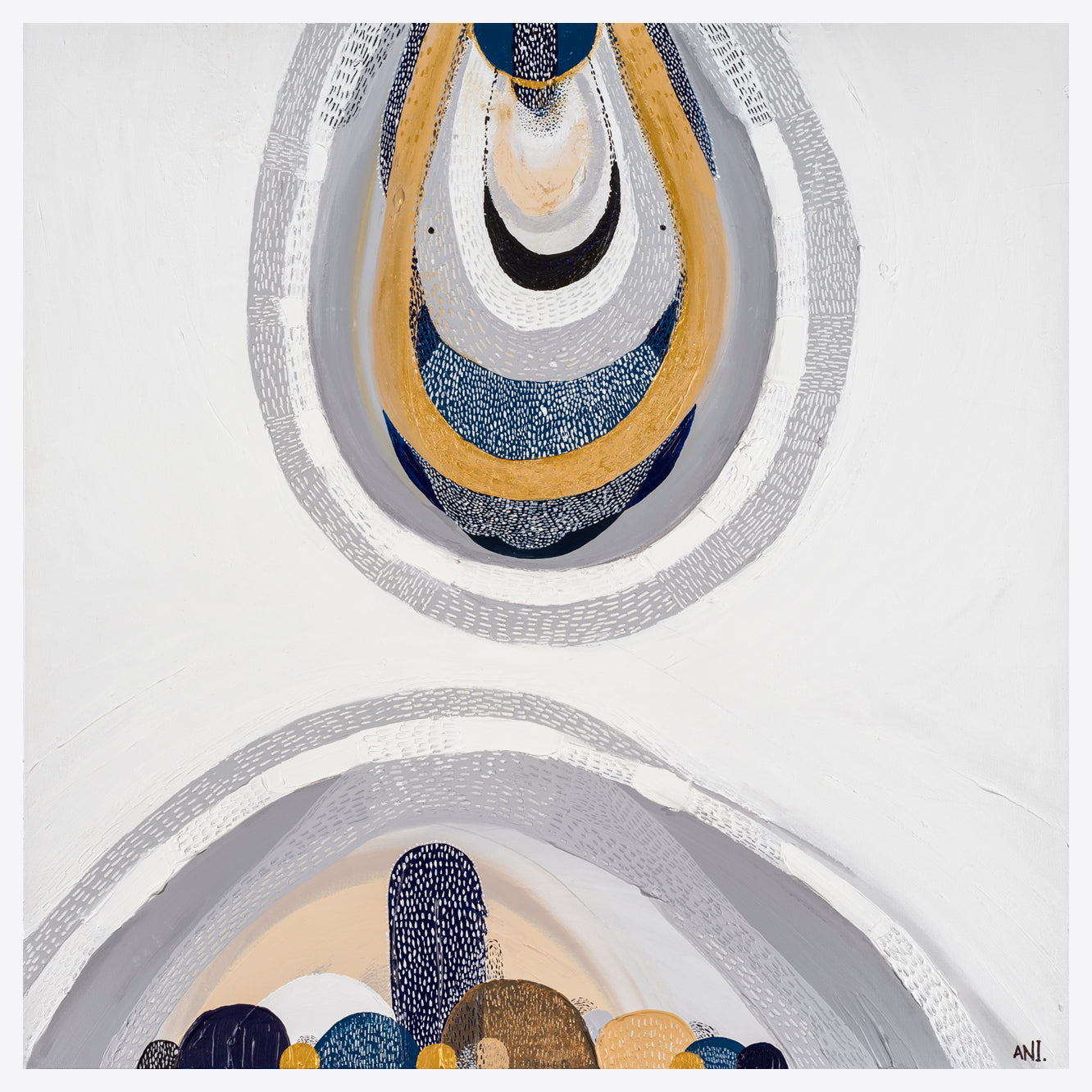 "Outback by the Sea" – Original abstract painting by Australian artist Ani Ipradjian, blending coastal blues and golden outback tones, inspired by Australia's land, sea, and cultural heritage.