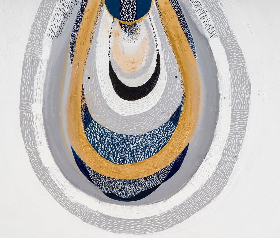 "Outback by the Sea" – Original abstract painting by Australian artist Ani Ipradjian, blending coastal blues and golden outback tones, inspired by Australia's land, sea, and cultural heritage.