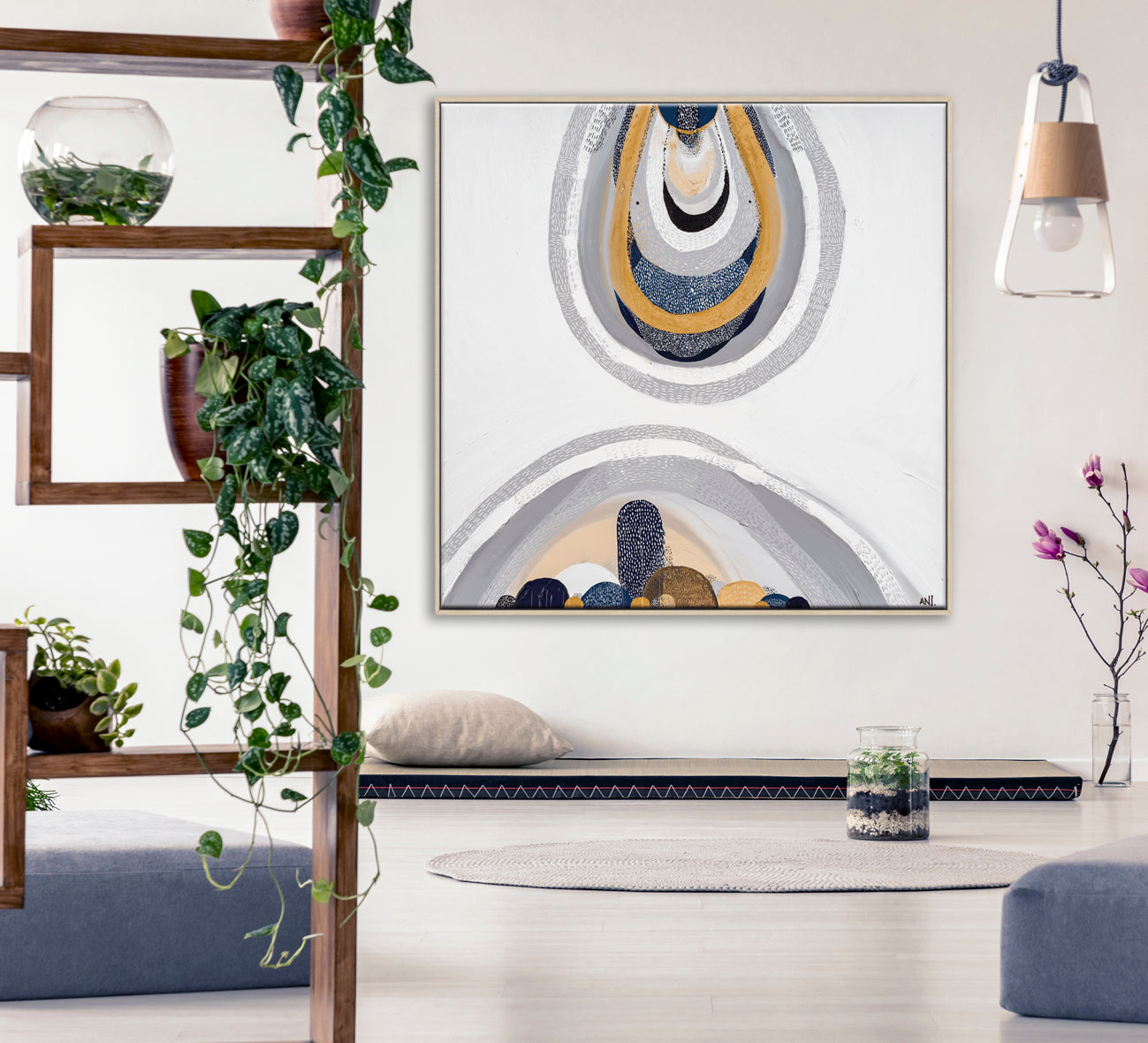 "Outback by the Sea" – Original abstract painting by Australian artist Ani Ipradjian, blending coastal blues and golden outback tones, inspired by Australia's land, sea, and cultural heritage.