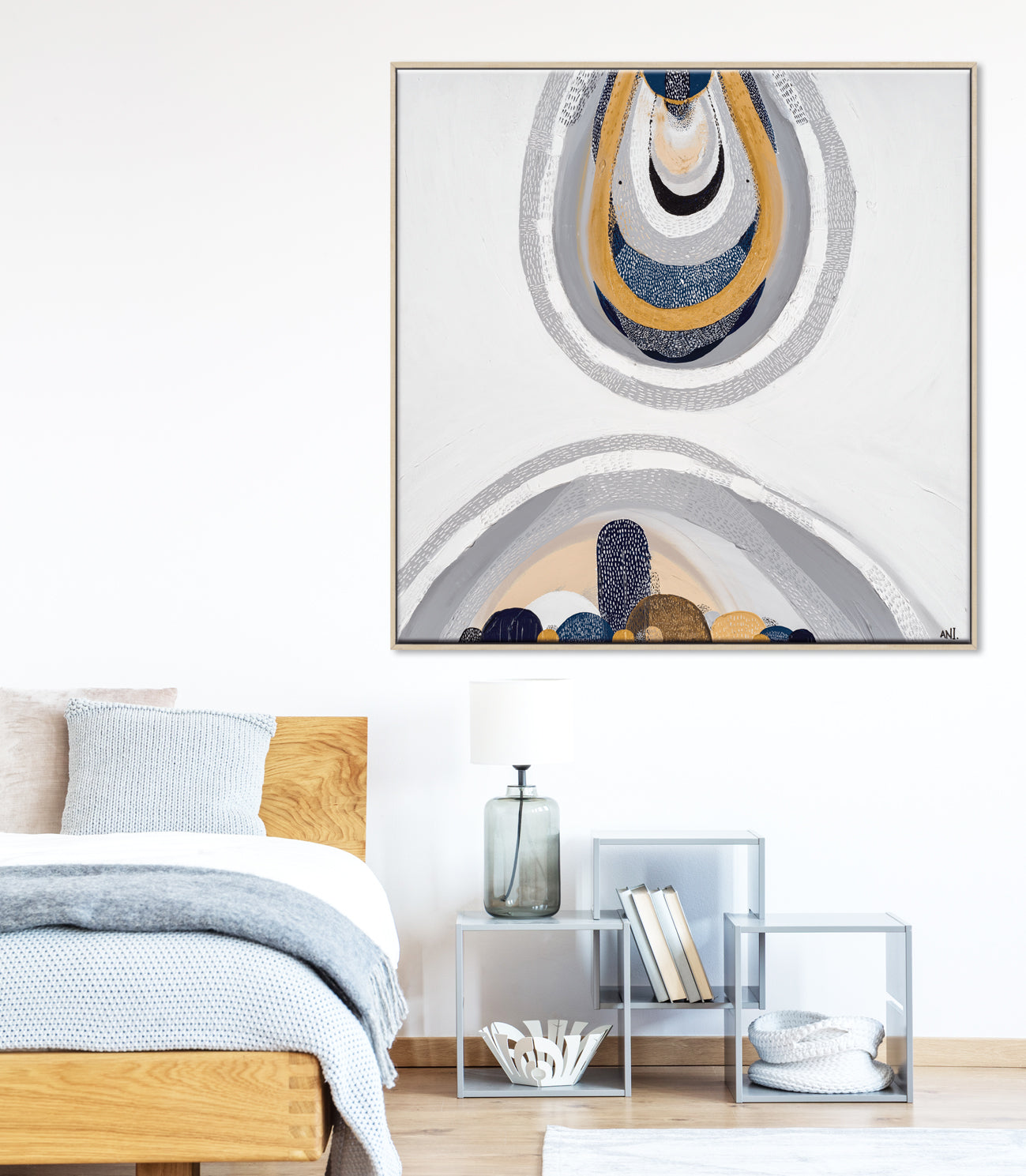 "Outback by the Sea" – Original abstract painting by Australian artist Ani Ipradjian, blending coastal blues and golden outback tones, inspired by Australia's land, sea, and cultural heritage.
