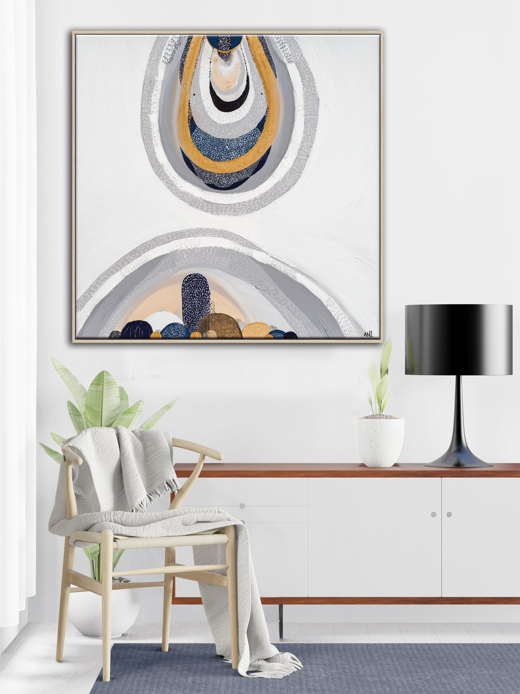 "Outback by the Sea" – Original abstract painting by Australian artist Ani Ipradjian, blending coastal blues and golden outback tones, inspired by Australia's land, sea, and cultural heritage.