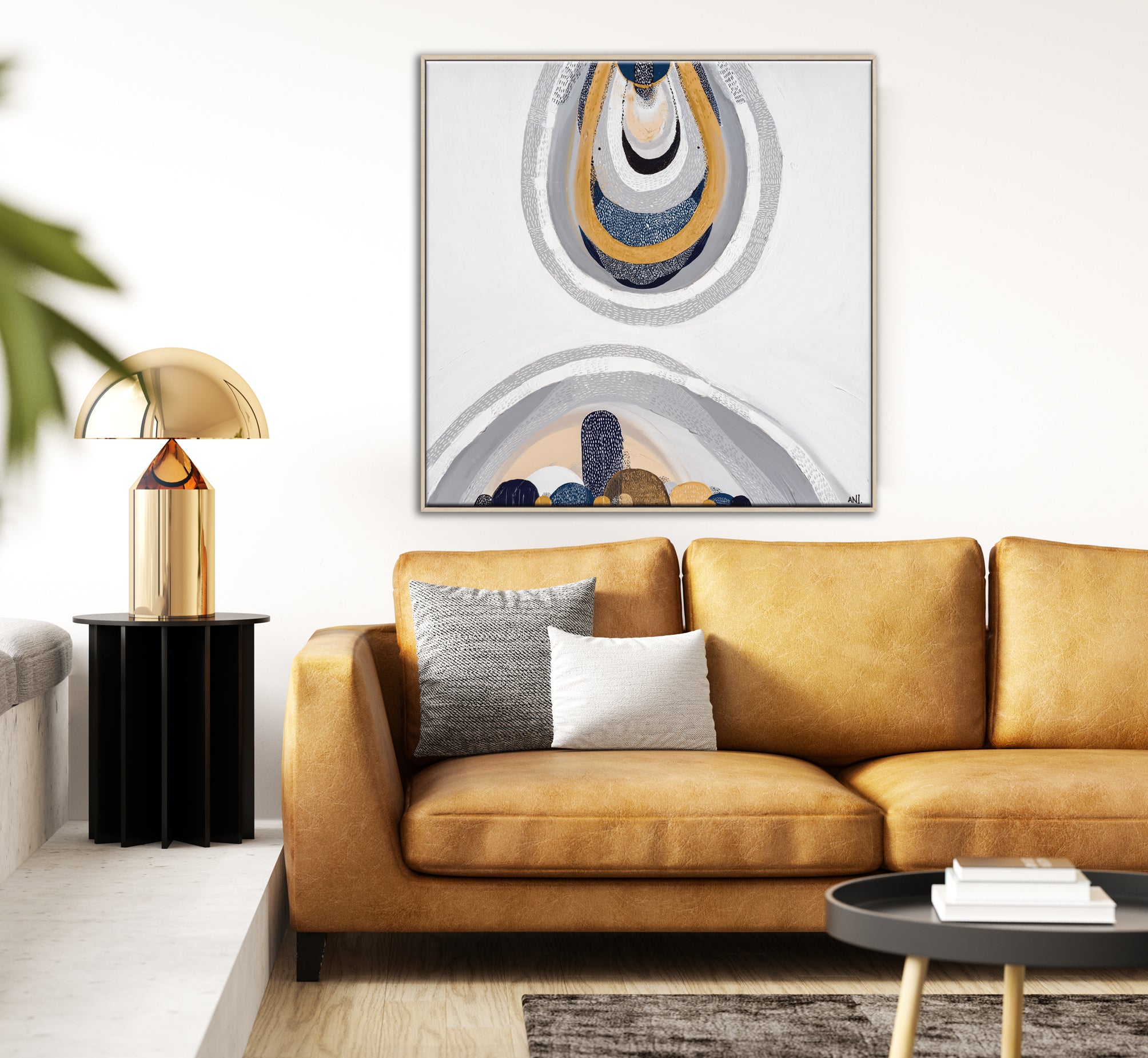 "Outback by the Sea" – Original abstract painting by Australian artist Ani Ipradjian, blending coastal blues and golden outback tones, inspired by Australia's land, sea, and cultural heritage.