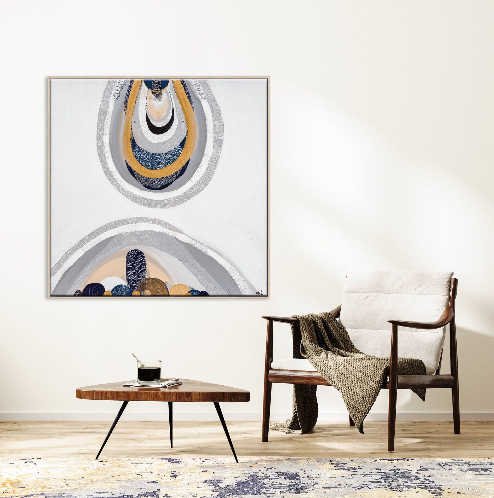 "Outback by the Sea" – Original abstract painting by Australian artist Ani Ipradjian, blending coastal blues and golden outback tones, inspired by Australia's land, sea, and cultural heritage.